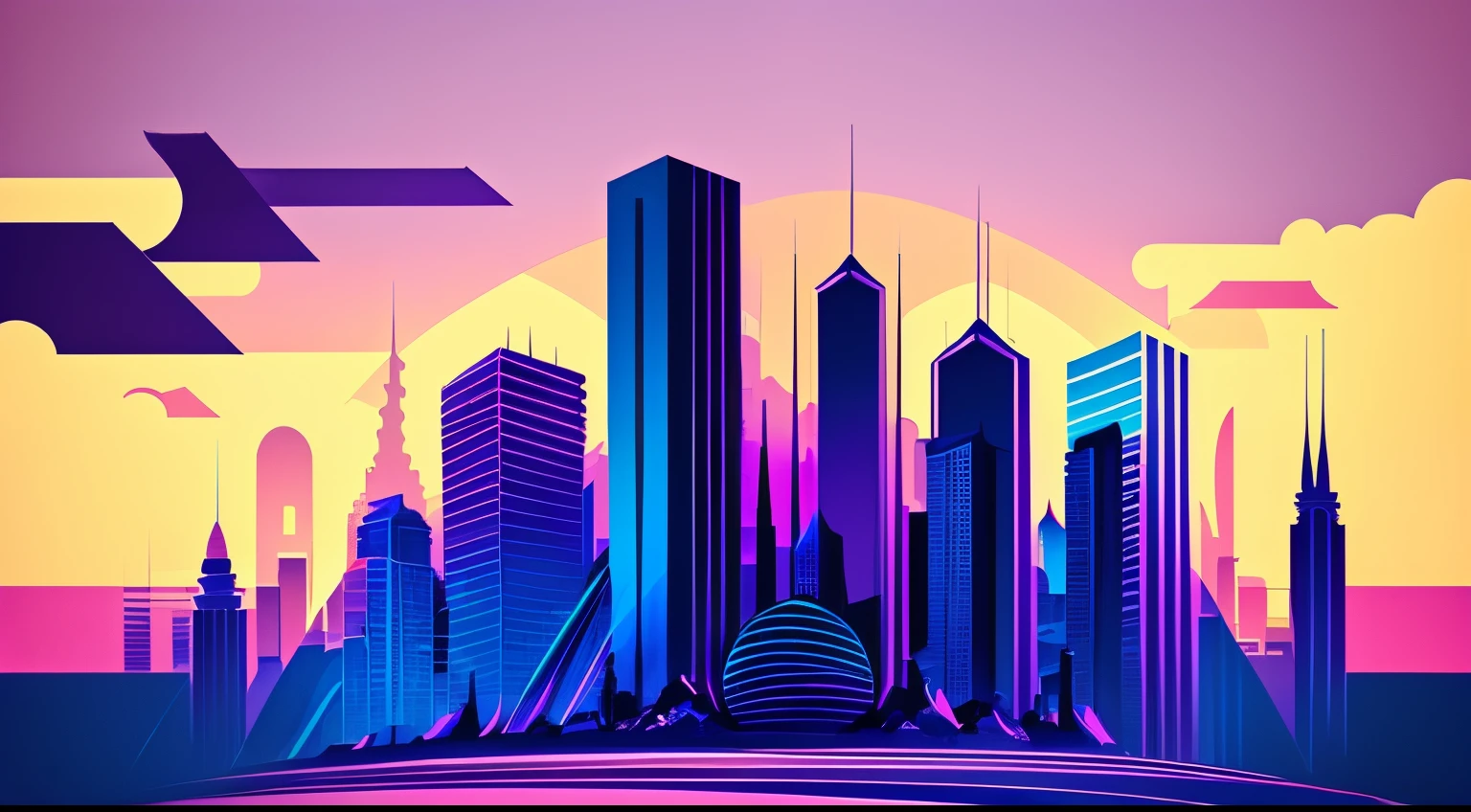 city, abstract, sun, lines , retrowave, dark blue, morado, background, masterpiece, caustic