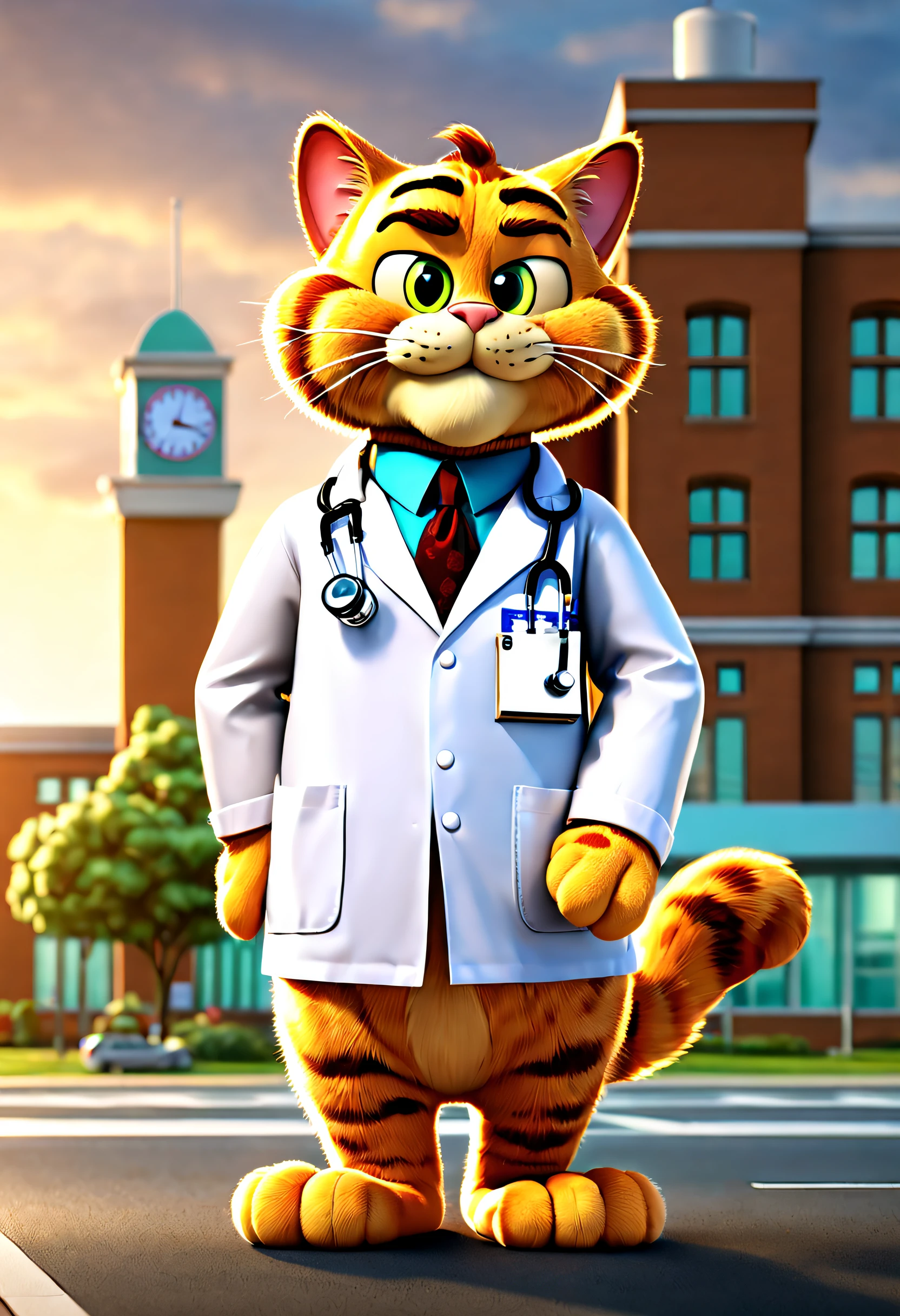 Dr. Garfield,hospital in background,tmasterpiece, Best quality at best, (Very detailed CG unified 8k wallpaper), (Best quality at best), (Best Best Illustration), (The best shadow),