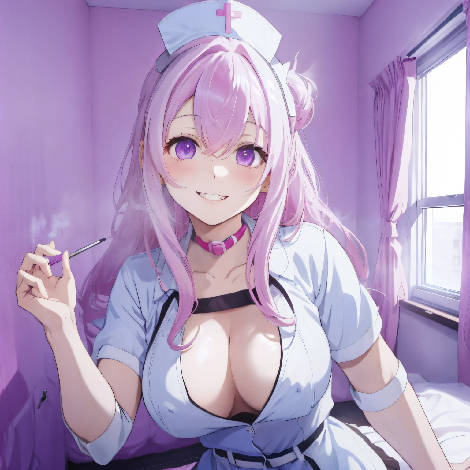 A love hotel with romantic interiors,nostalgic light,Bedrooms,fluffy hair,rainbow-colored hair,white, Light pink, Light purple, Light green and light blue,white nurse uniform and nurse cap,I have a stethoscope and a syringe,Bewitching look,Slightly red tide,Excited look,Smile on his face,Her chest is wide open and you can see her cleavage,