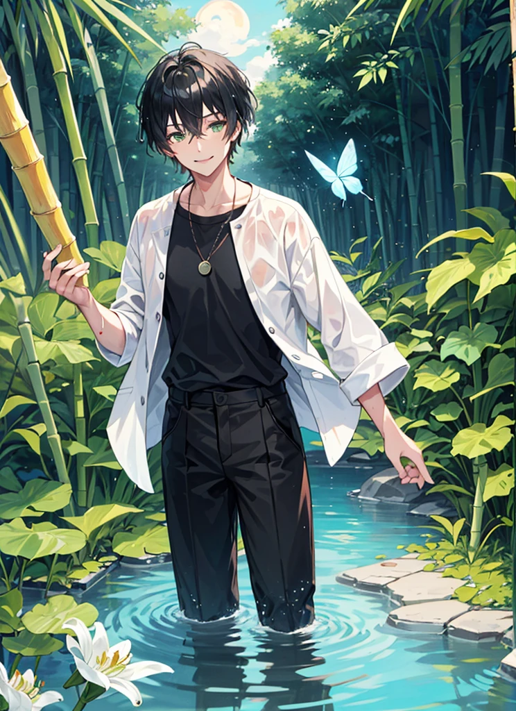 full_moon, leaf, moon, plant, potted_plant, bamboo, 1guy, handsome man, palm_tree, butterfly, bug, water, tanabata, branch, barefoot, night, lily_pad, tanzaku, soaking_feet, vines, solo, outdoors, tree, very short black hair, wet, flower, smile, ivy, green_eyes, pants, lily_of_the_valley, sky, blue_butterfly, looking_at_viewer, palm_leaf, casual clothes, ((masterpiece,best quality)), beautiful detailed eyes, beautiful detailed face