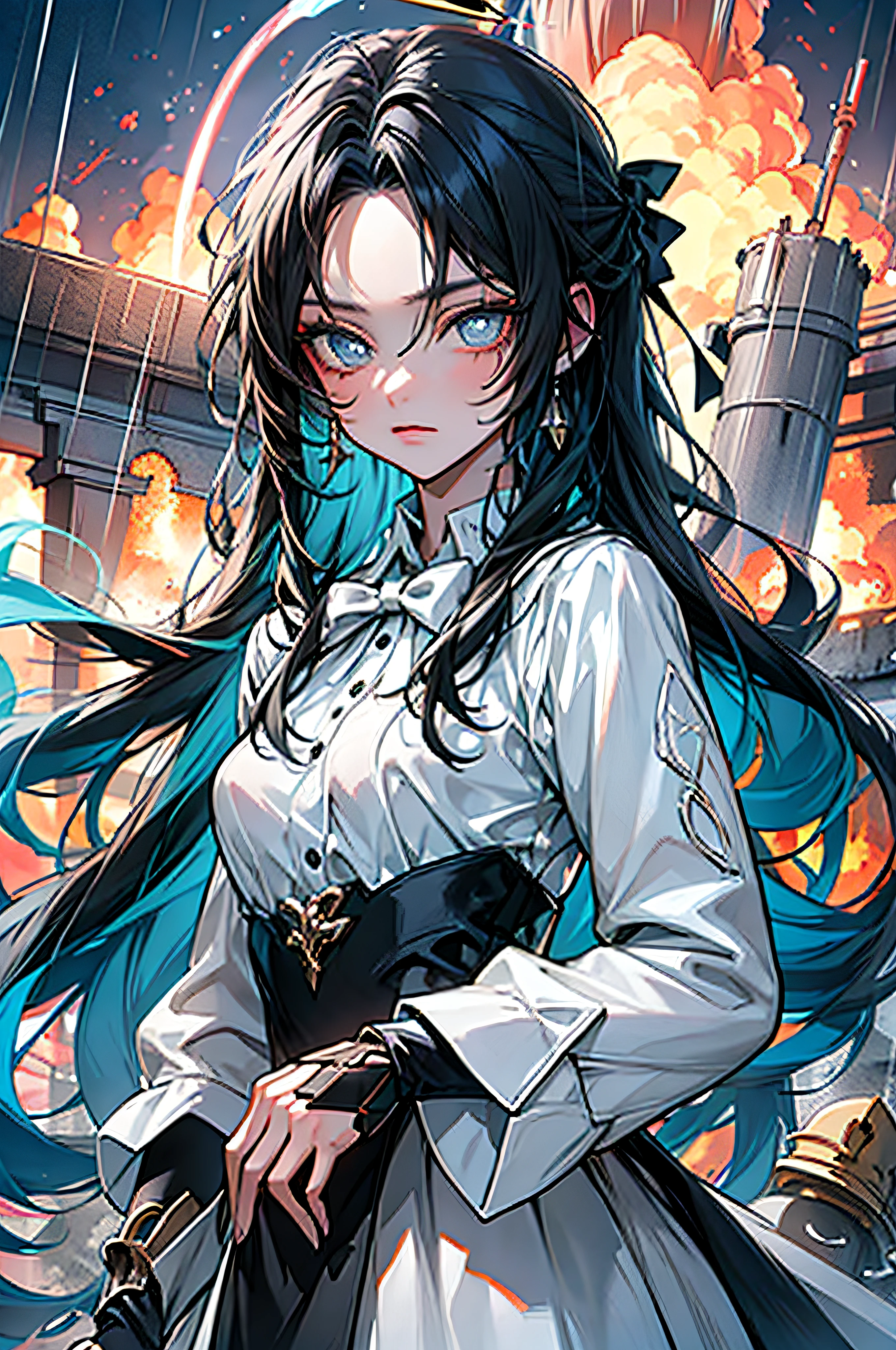 masterpiece, exquisite, illustration, {beautiful and meticulous girl}, beautiful and detailed halo, (fire of war: 1.2), (nuclear explosion behind: 1.3), rain, detailed lighting, detail water, (beautiful and detailed eyes: 1.1), expressionless, palace, sky blue hair, scattered hair, long bangs, eyebrows, (white-gray dress: 1.1), black ribbon, white bow tie, upper abdomen, big forehead, dull, flower, long sleeves