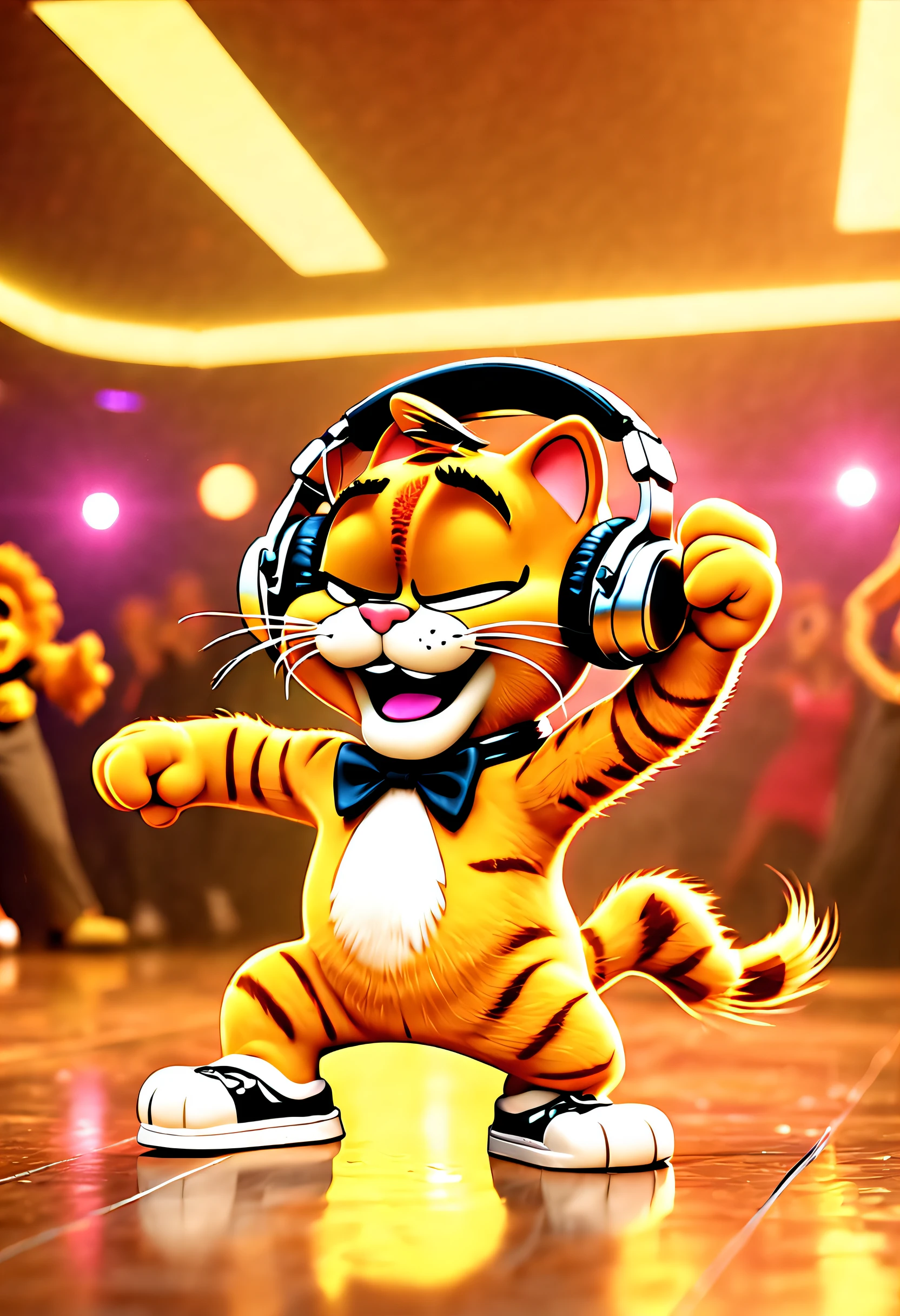 Garfield dancing rock and roll on dance floor background, Underground ballroom,tmasterpiece, high high quality, Best quality,Rock ballroom,Stylish Garfield DJ,Garfield wearing punk headphones,Garfield in rock 'n' roll costume,k hd,8K