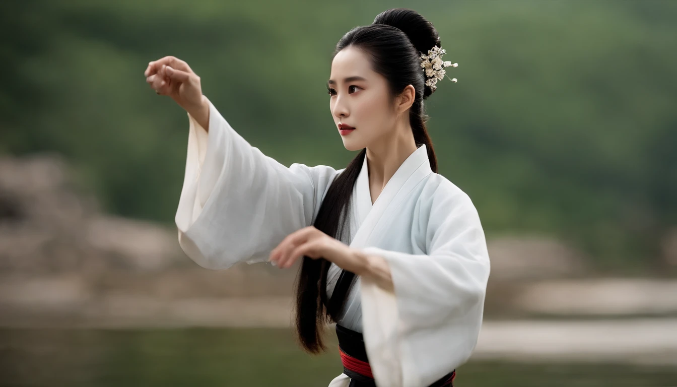 Mr.. Jin Yong martial arts novel《The Condor Heroes》curled, Xiao Longnu is a very charming and mysterious character。She has a face like a fairy, A pure face exudes a charming light。Her beauty is like a gift from God, People dare not look directly, ao mesmo tempo, deeply attracted people's attention。, Xiao Longnu’s eyes are clear and bright, like clear spring water, Revealing endless wisdom and determination。She is beautiful, Light as a swallow, Every move exudes nobility and elegance。Her long hair flowed like a waterfall, Blowing in the wind, like a dream, It gives an otherworldly feeling., Xiao Longnu is not only beautiful in appearance, Her martial arts skills are at their peak, Become a high-profile legend in the martial arts world。The cold appearance hides perseverance and bravery., Showing femininity and strength coexist。, Generally speaking, Xiao Longnu is a legendary woman who combines beauty and martial arts, Her image undoubtedly left a deep impression on people。, The eyes are clear and bright, like clear spring water。slim posture, Light as a swallow。Long hair flowing like a waterfall。, hyper HD, Best quality at best