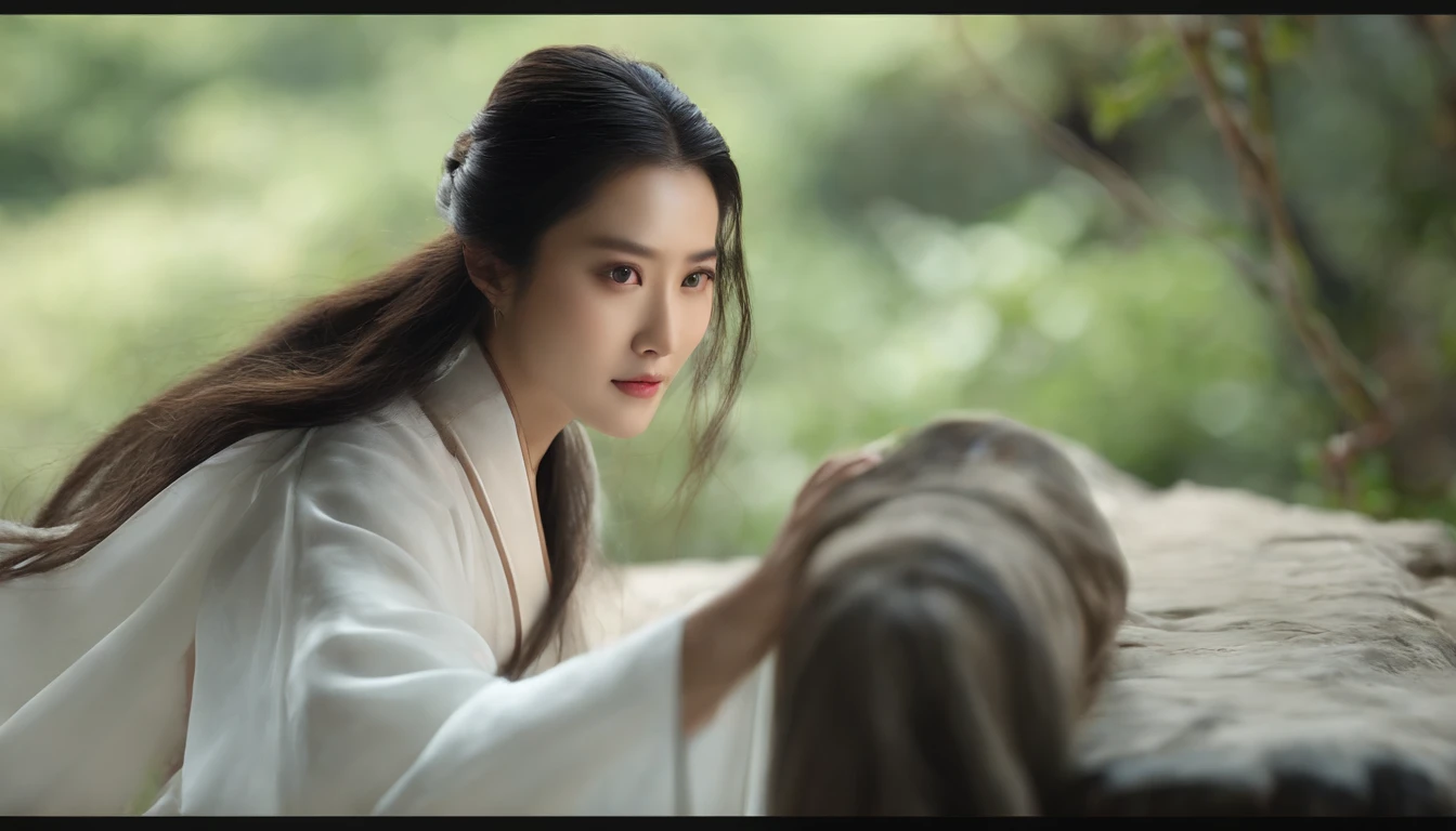 Mr.. Jin Yong martial arts novel《The Condor Heroes》curled, Xiao Longnu is a very charming and mysterious character。She has a face like a fairy, A pure face exudes a charming light。Her beauty is like a gift from God, People dare not look directly, ao mesmo tempo, deeply attracted people's attention。, Xiao Longnu’s eyes are clear and bright, like clear spring water, Revealing endless wisdom and determination。She is beautiful, Light as a swallow, Every move exudes nobility and elegance。Her long hair flowed like a waterfall, Blowing in the wind, like a dream, It gives an otherworldly feeling., Xiao Longnu is not only beautiful in appearance, Her martial arts skills are at their peak, Become a high-profile legend in the martial arts world。The cold appearance hides perseverance and bravery., Showing femininity and strength coexist。, Generally speaking, Xiao Longnu is a legendary woman who combines beauty and martial arts, Her image undoubtedly left a deep impression on people。, The eyes are clear and bright, like clear spring water。slim posture, Light as a swallow。Long hair flowing like a waterfall。, hyper HD, Best quality at best