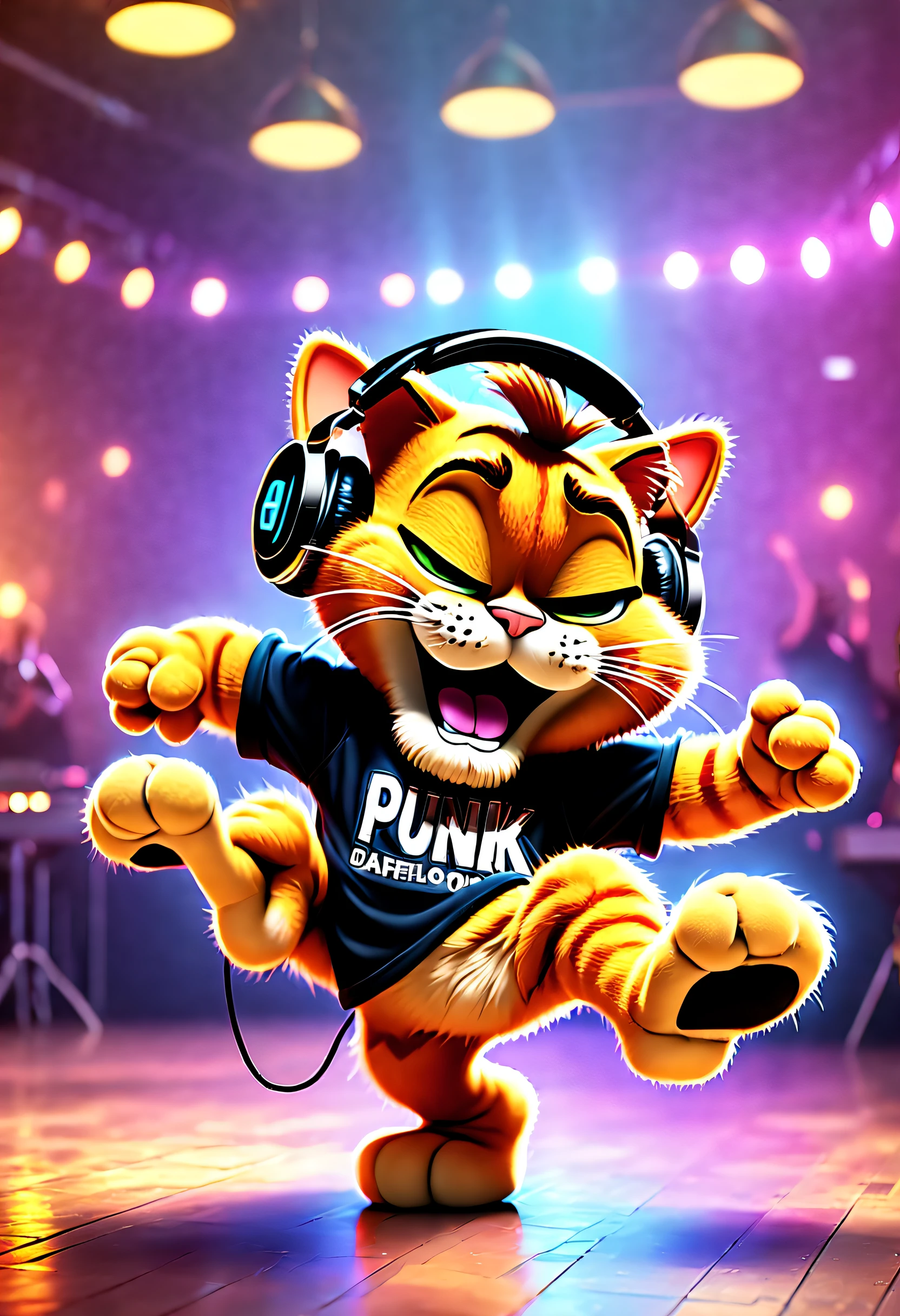Garfield dancing rock and roll on dance floor background, Underground ballroom,tmasterpiece， high high quality， Best quality，Rock ballroom，Stylish Garfield DJ，Garfield wearing punk headphones，Garfield in rock &#39;n&#39; roll costume，k hd，8K