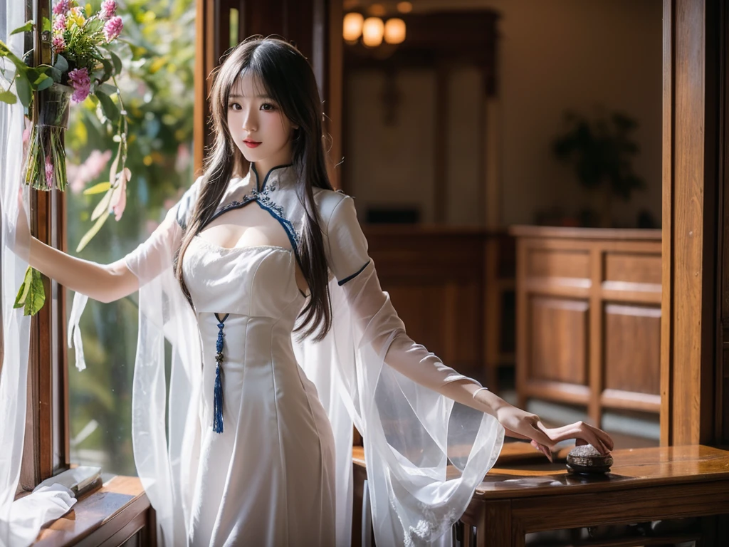 美丽细致的眼睛, long and flowing hair, vivd colour, Soft natural light, flowers blooming in the background, intricate lace dress, posing elegantly, Fantastic atmosphere, fine art style, captivatinggaze, Magical and fascinating.