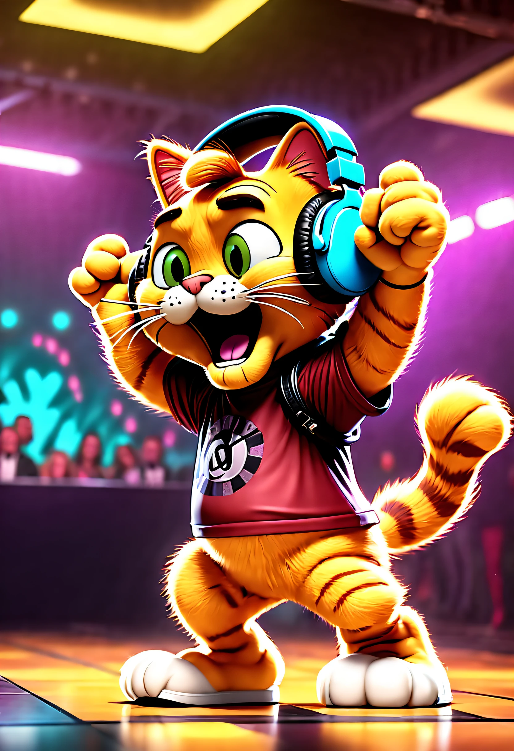 Garfield dancing rock and roll on dance floor background, Underground ballroom,tmasterpiece， high high quality， Best quality，Rock ballroom，Stylish Garfield DJ，Garfield wearing punk headphones，Garfield in rock &#39;n&#39; roll costume，k hd，8K
