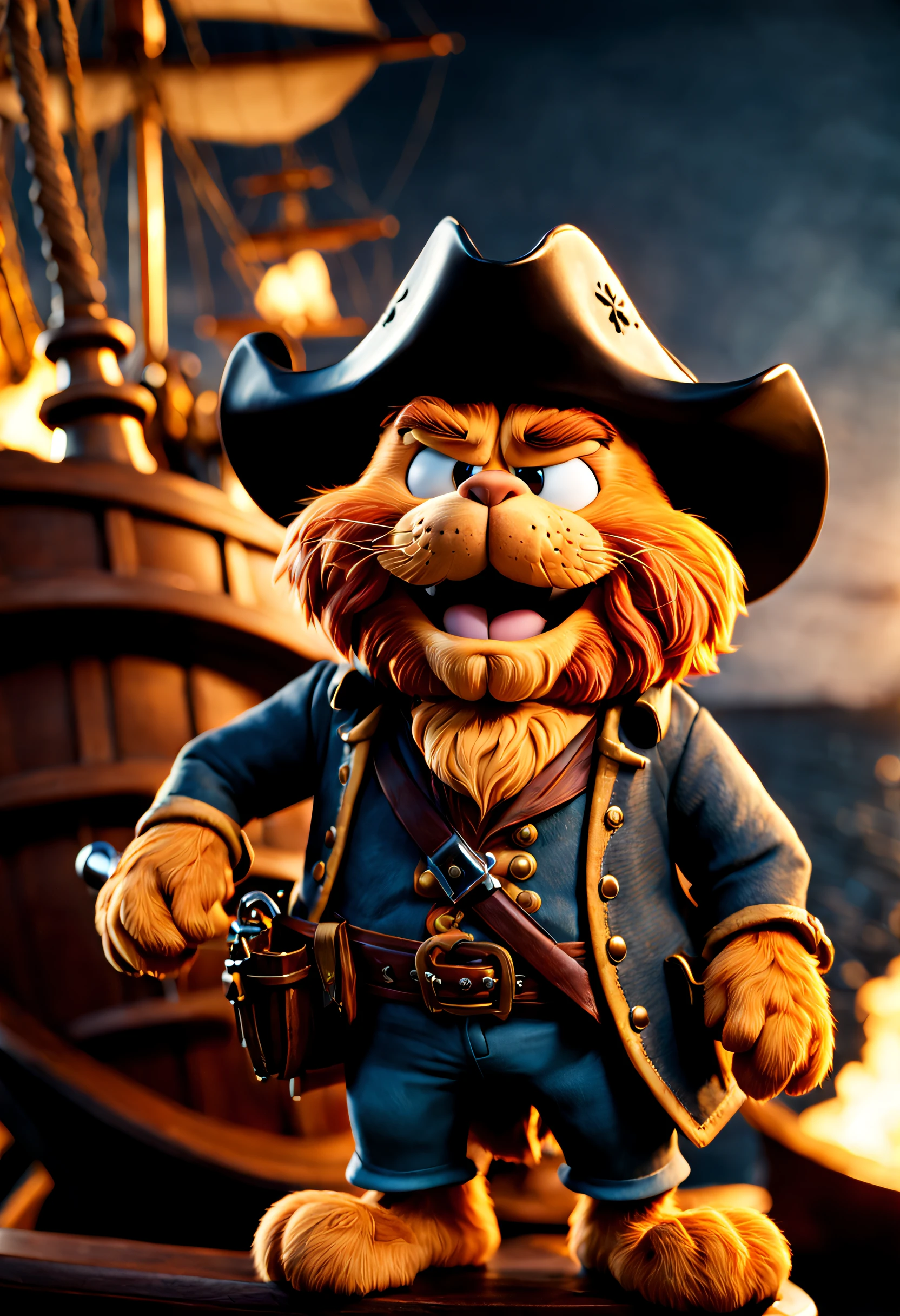Garfield,Cowboy violent garfield hunts on pirate ship,shallowdepthoffield, vignet, The content is very detailed, High budget, bokeh, moodiness, epic, A gorgeous one, filmgrain, Super sharp