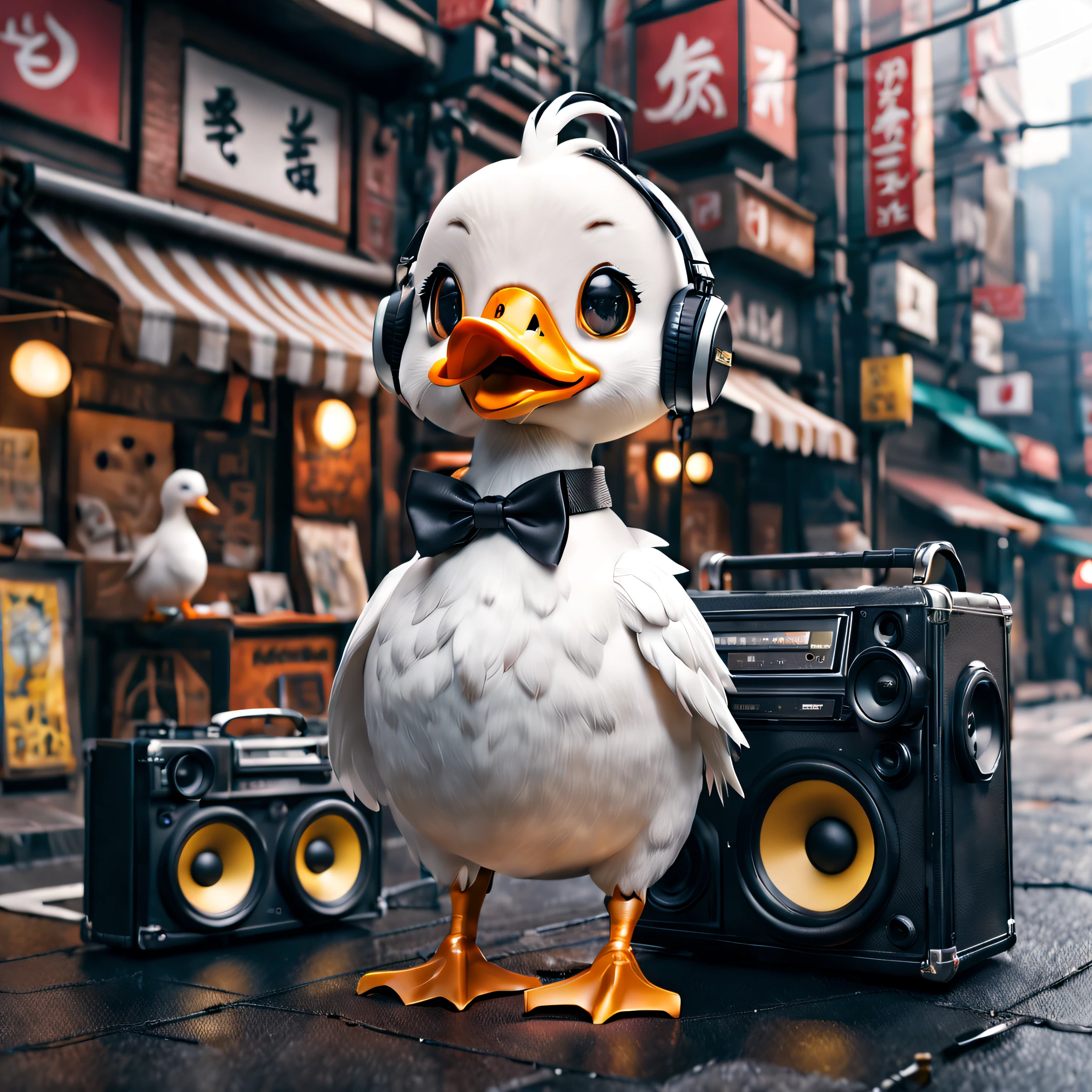 full body Esbian、cool male white duck、pop male white duck、Deformed animals、diorama、symple background、Shibuya Fashion、Tiere、I have a boom box、​masterpiece, Best Quality, Capture super cute moments, depth of fields, ultra-detailliert, Ultra High Resolution, Octadale, 8K, 16 K