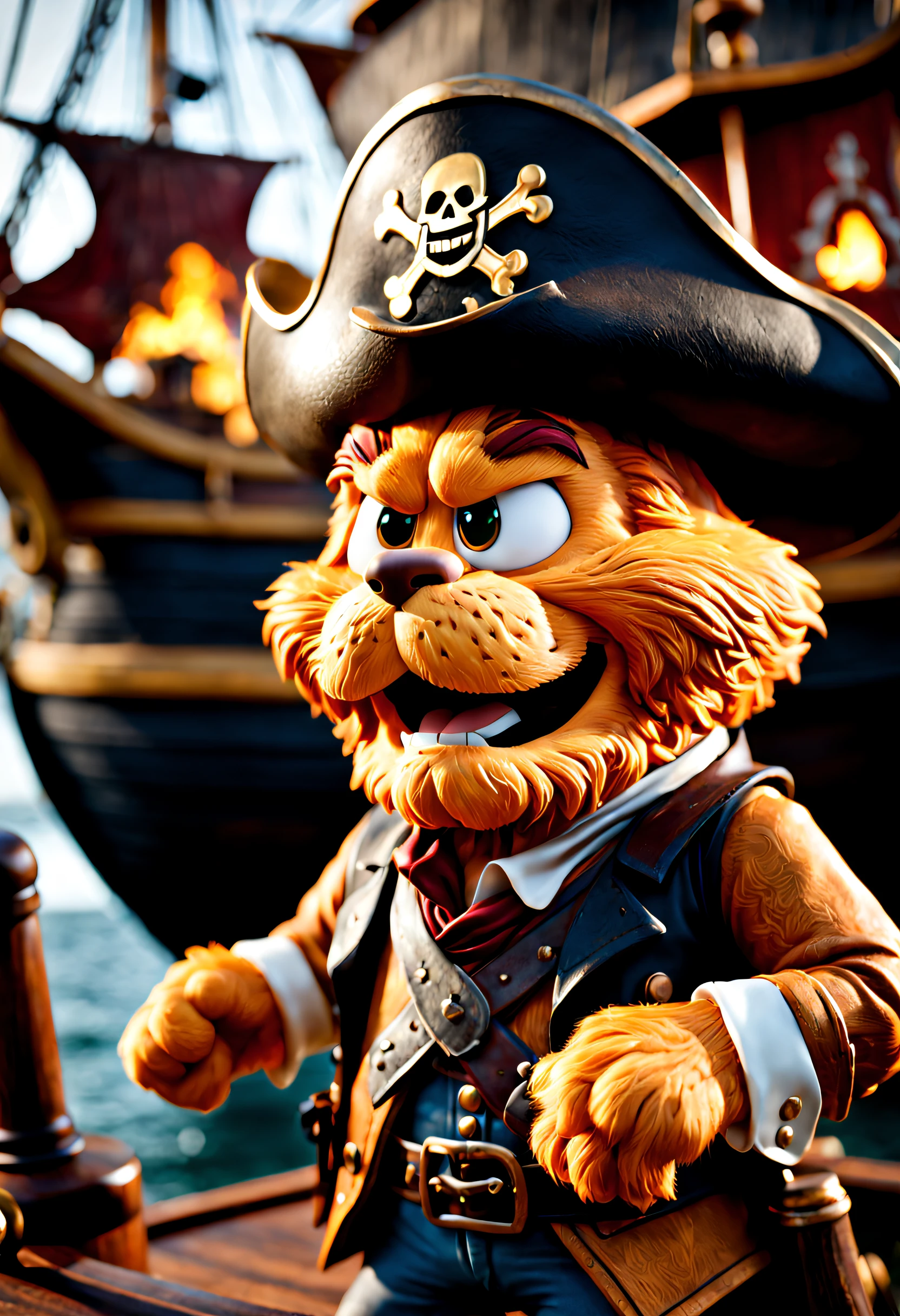 Garfield,Cowboy violent garfield hunts on pirate ship,shallowdepthoffield, vignet, The content is very detailed, High budget, bokeh, moodiness, epic, A gorgeous one, filmgrain, Super sharp
