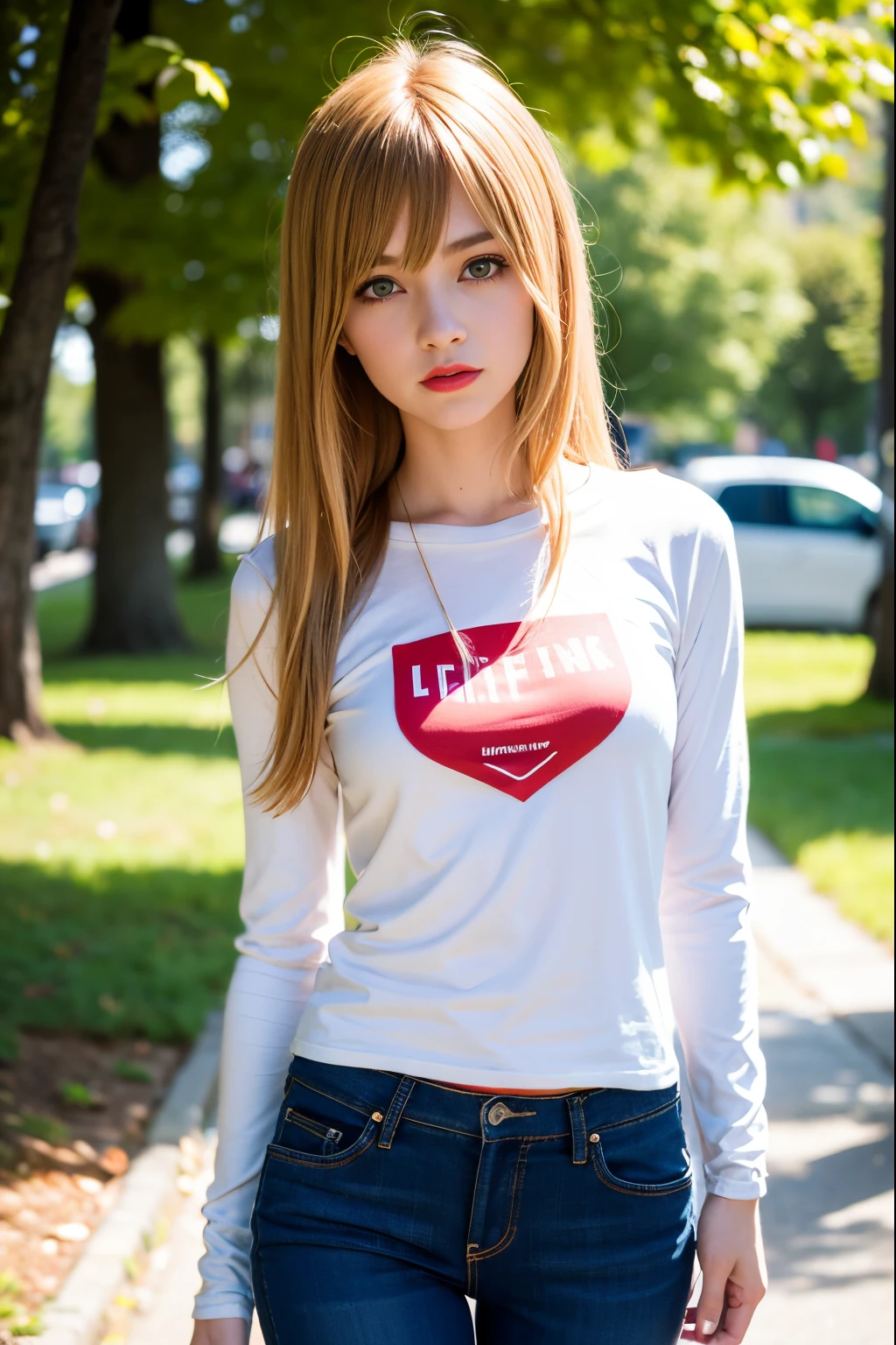 very skinny ,  long hair , teen   girl  max caulfield ,large eyes  ,shallow depth of field , 
 blurry, red lips, blonde hair  ,  ,  , soft skin, , expressive eyes ,
 , , long sleeve red  t-shirt,  jens pants , park