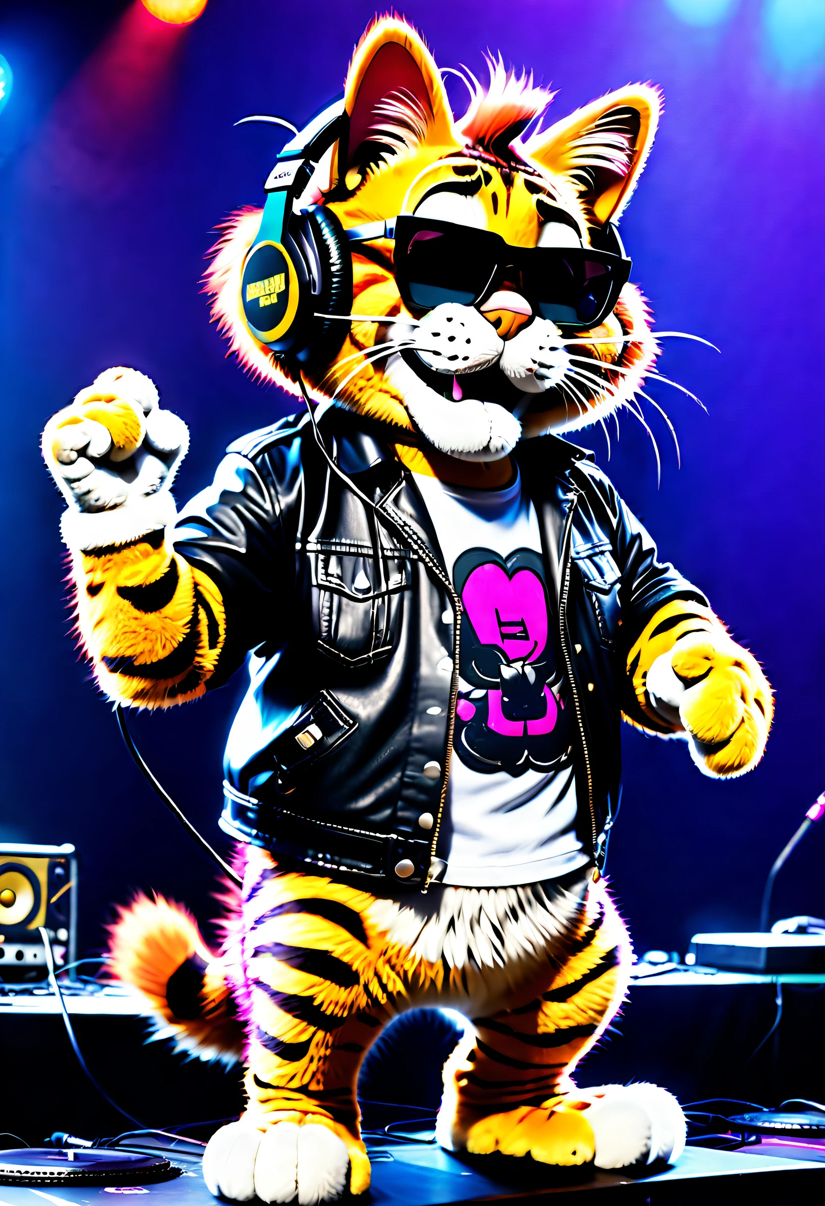 Garfield dancing rock and roll on dance floor background, Underground ballroom,tmasterpiece， high high quality， Best quality，Rock ballroom，Stylish Garfield DJ，Garfield wearing punk headphones，Garfield in rock &#39;n&#39; roll costume，k hd，8K