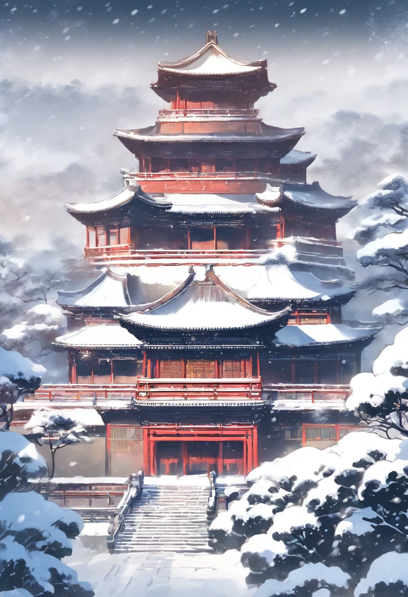 The Palace Museum, Dark, ink wash style, Matte texture, Minimalist style, It snows in winter, snow field, Leave blanks, Upper and lower structure, tmasterpiece