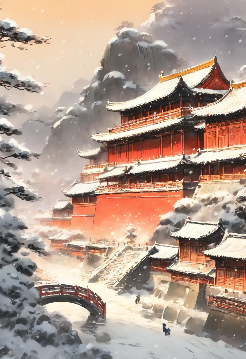 The Palace Museum, Dark, ink wash style, Matte texture, Minimalist style, It snows in winter, snow field, Leave blanks, Upper and lower structure, tmasterpiece