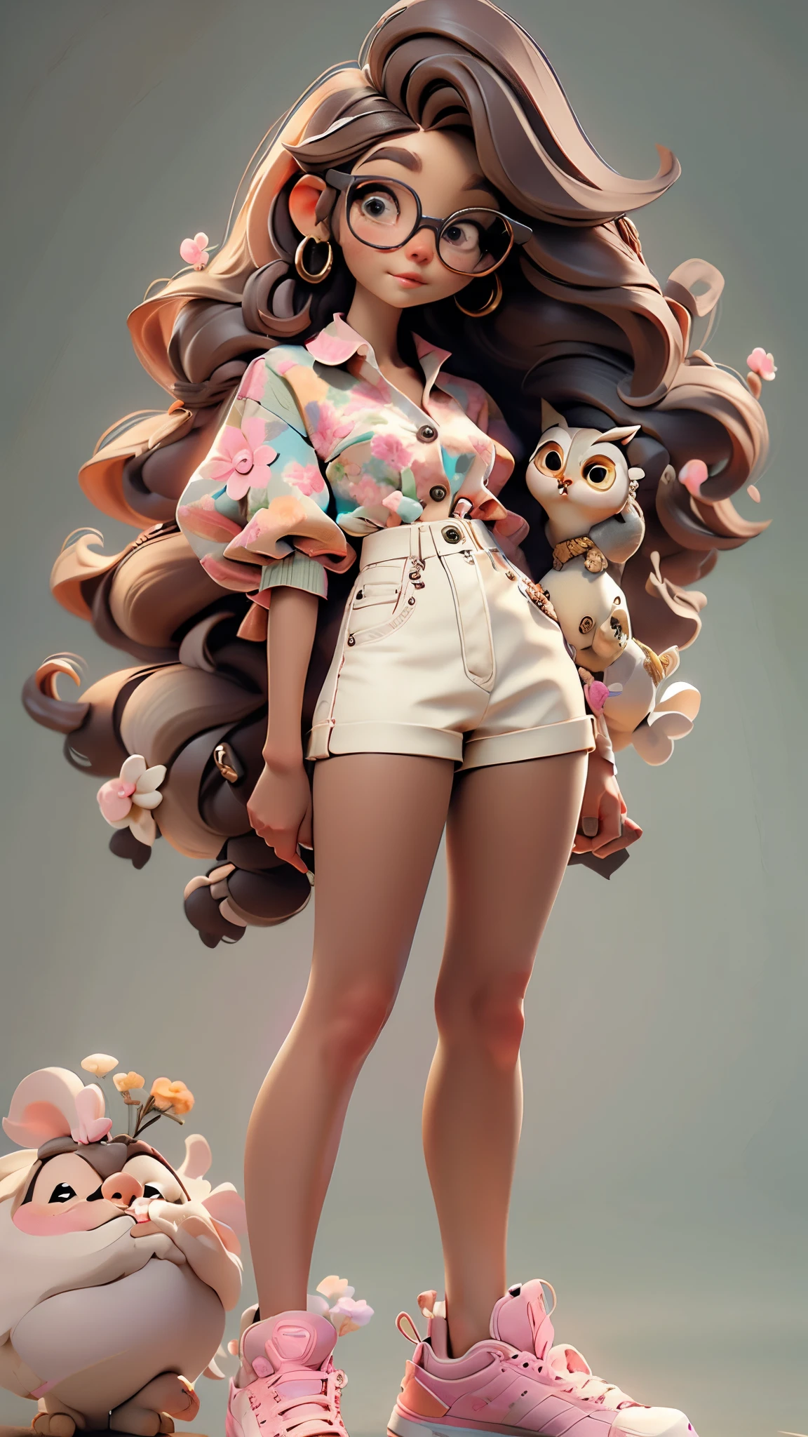 Bela tem o cabelo cacheado, preto e longo, His eyes are the color of hazelnut, Sua pele morena, deve estar vestida com uma roupa tons alegres floral , tons amarelos e detalhes doces;. She holds her extremely detailed cute mascot and cute owl with thin hoops and delicate glasses). Certifique-se de adicionar detalhes nas roupas, such as buttons and pockets, Fashionable cute and delicate colorful sneakers . Be sure to add details like gold pearls with zippers. Certifique-se de adicionar sombras, texturas e detalhes nos cabelos, roupas, Books and pencils ,cadernos, colored pencils, quadro negro, to make them even more adorable and charming 16K