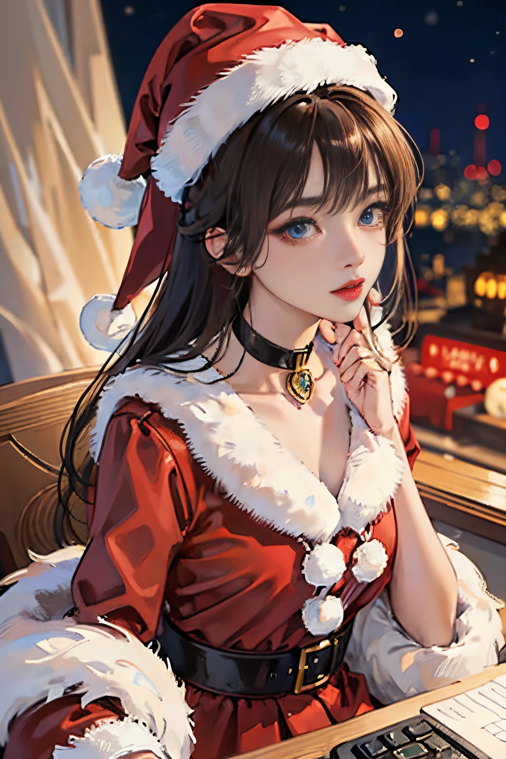 A city of beautiful Christmas lights, Santa girl in red costume of beautiful Santa Claus with blue eyes, Red Santa Skirt、Plump lips, Moles under her eyes, Heart-shaped choker, Computer Graphics Art, High resolution, Highest Quality, Whole body, 8K Character Concept, 32K, pixiv , Illustration, super detailed, Super Detailed Face, Megapixel, Ultra High Definition HDR, Clear, Overdecoration,