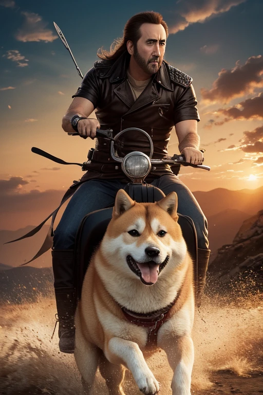nicolas cage riding a shiba inu into battle, detailed, masterpiece
