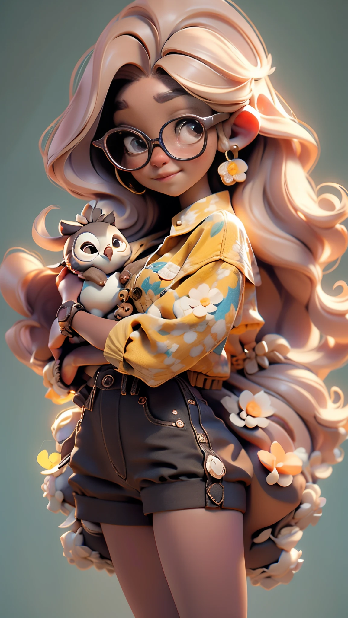 Bela tem o cabelo cacheado, preto e longo, His eyes are the color of hazelnut, Sua pele morena, deve estar vestida com uma roupa tons alegres floral , tons amarelos e detalhes doces;. She holds her extremely detailed cute mascot and cute owl with thin hoops and delicate glasses). Certifique-se de adicionar detalhes nas roupas, such as buttons and pockets, Fashionable cute and delicate colorful sneakers . Be sure to add details like gold pearls with zippers. Certifique-se de adicionar sombras, texturas e detalhes nos cabelos, roupas, Books and pencils ,cadernos, colored pencils, quadro negro, to make them even more adorable and charming 16K