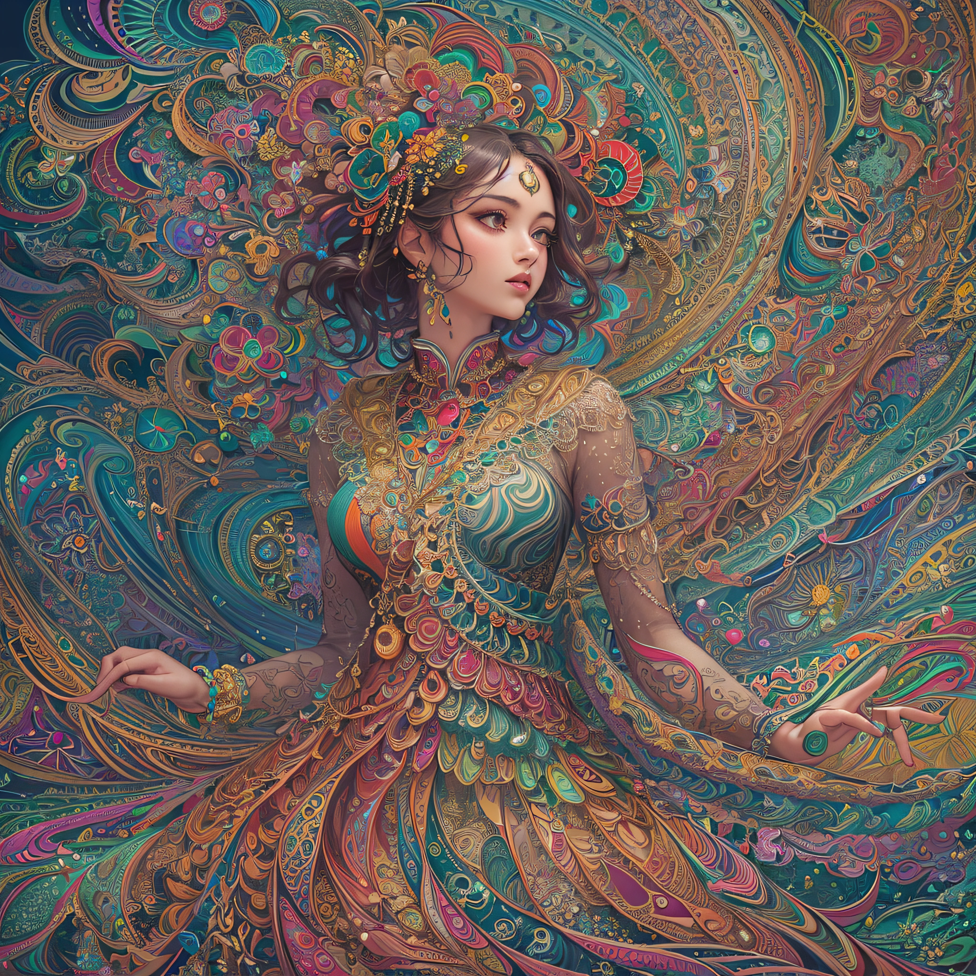 (masterpiece, top quality, best quality, official art, beautiful and aesthetic:1.2), (1girl:1.3), extremely detailed,(fractal art:1.2),colorful,highest detailed,(zentangle:1.2), (dynamic pose), (abstract background:1.5), (treditional dress:1.2), (shiny skin), (many colors:1.4), upper body