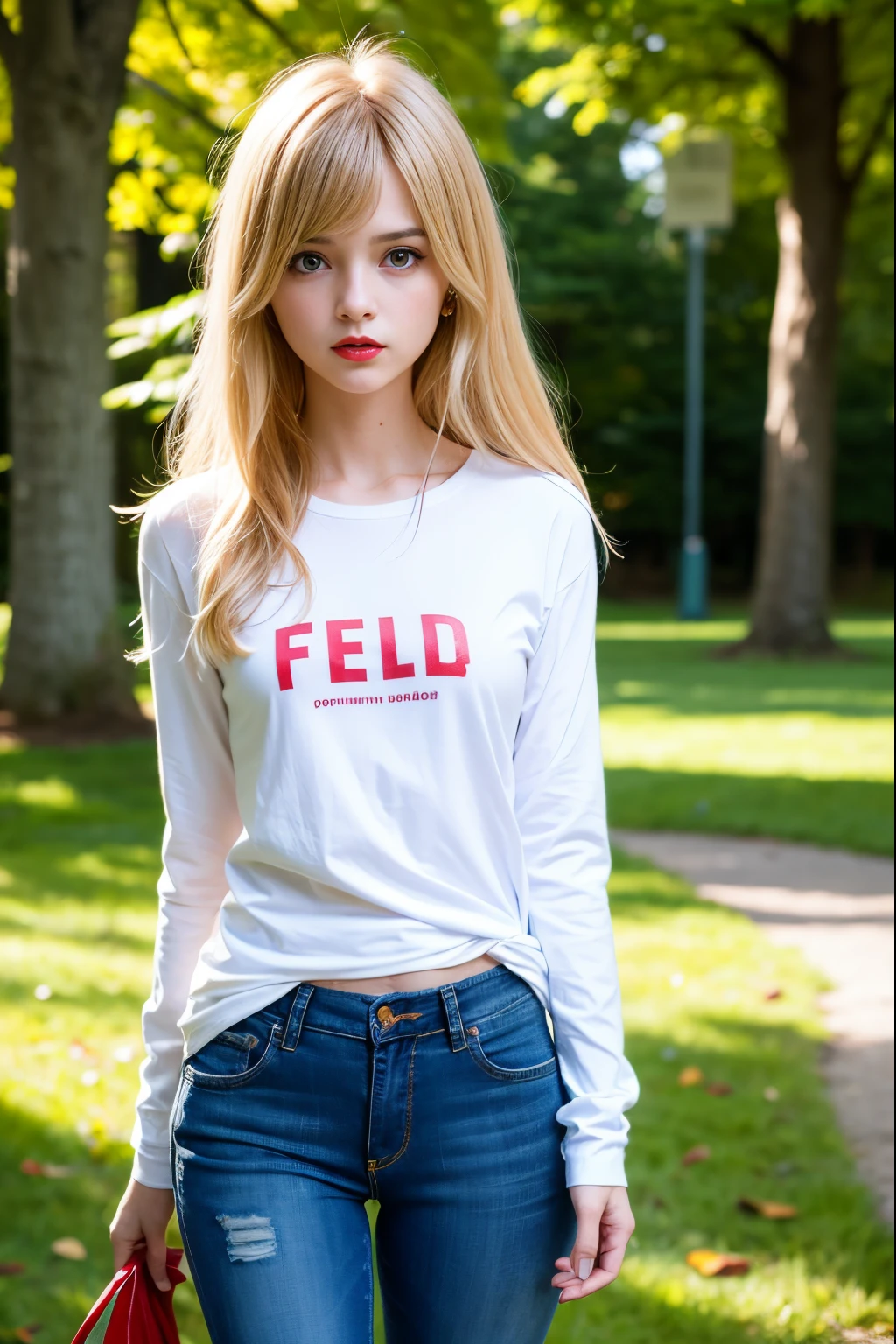 very skinny ,  long hair , teen   girl  max caulfield ,large eyes  ,shallow depth of field , 
 blurry, red lips, blonde hair  ,  ,  , soft skin, , expressive eyes ,
 , , long sleeve red  t-shirt,  jens pants , park