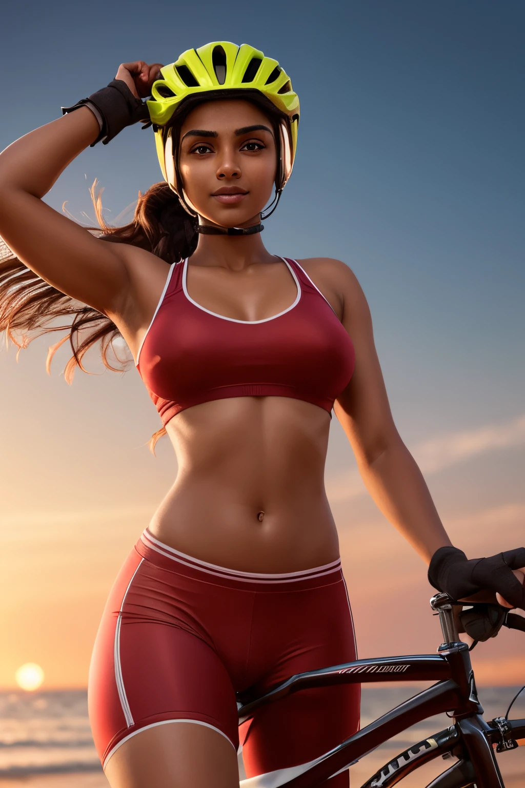 20 years old extremely beautiful brown Tamil girl, cyclist cycling wearing cyclists clothes helmet gloves goggles sports shoes cap wrist watch, ponytail long hair, no ornaments, clear skin, sweat body, light reflecting from body, eyes symmetry, toned body, bright smile showing thumbs up, facing viewers facing camera, back lit, beach road evening crimson red sky in the background, vibrant colors, (intricated detailing:1.6 face & eyes & nose & ears & lips & curves & skin & body parts) (extreme detailing of picture) (brilliant cinematic lighting effects)