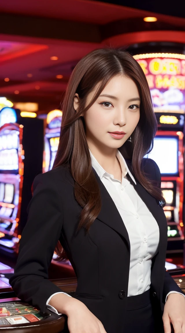 ((最高品質, 10, master-piece: 1.3)), crisp focus: 1.2, Beautiful woman with perfect style: 1.4, Slender abs: 1.2, ((dark-brown hair, small: 1.2)), (natural light, city street: 1.1), Highly detailed face and skin texture, detailed eyes, 二重まぶた (Random background,In casinos,VIP casino room, Modern Casino Console, Modern Slot Machines ) (Dressed up as a random casino employee'uniform s.,Sexy)