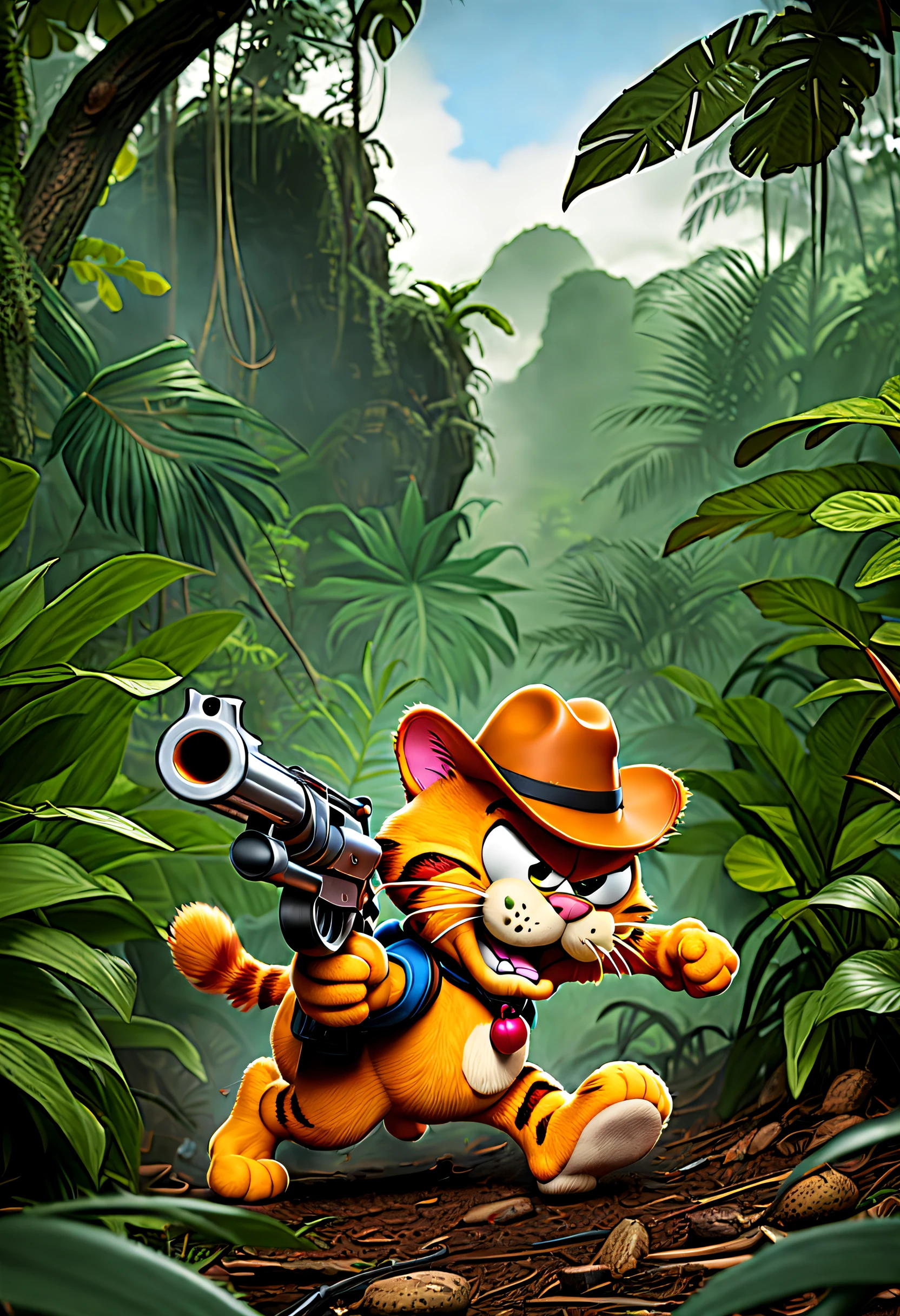 Cowboy Garfield hunts violently in the jungle,
