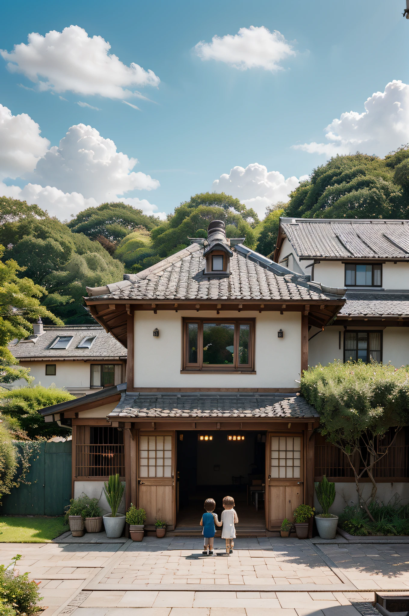 anime, cartoon, illustration, "painting" of a small characteristic Japanese wooden white house with veranda and woodshed, with garden, potted plants and a balcony, colors lit, shadow light contrast, on the blue roof of the house a chimney with smoke, blue sky with white clouds, a "painting" by Miyazaki, pixiv, fantastic realism, anime background art, detailed scenery —width 672, house background, studio ghibli sky, studio ghibli artstyle, anime countryside landscape, ghibli studio style, ghibli artstyle, studio ghibli art style, studio ghibli sunlight, high details, beautiful anime scenery, two child play on the garden with a dog.