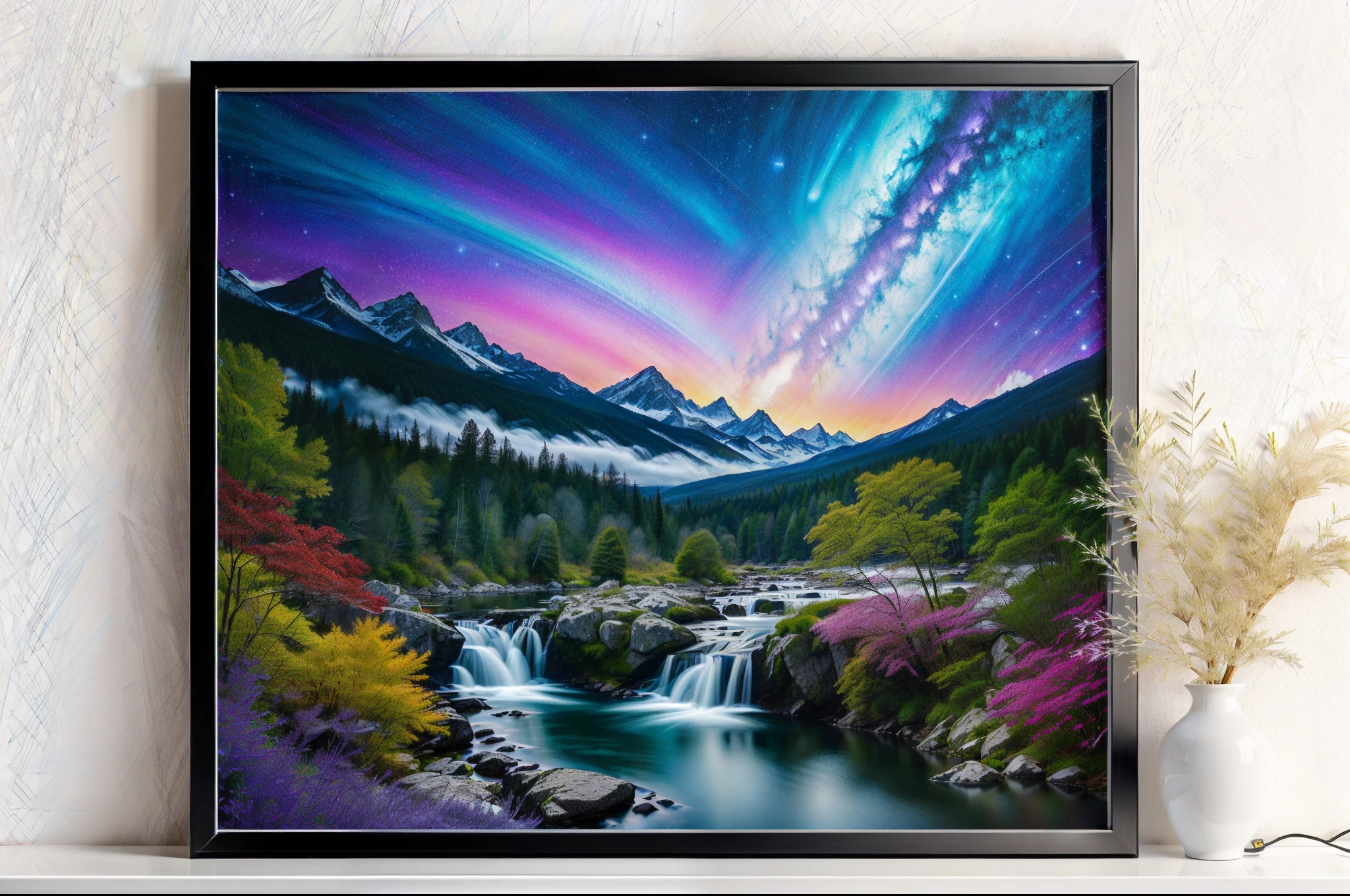 A digital art piece on matte Alubond, printed using a Mimaki flatbed, framed with indirect LED lighting for exhibition. The focus is on nature, featuring intricate black ink outlines with clear ink, providing gloss or matte embossed finishes. Incorporate strong vibrant or fluorescent colors sparingly. The scene involves a majestic waterfall surrounded by lush, dark forests under a starlit sky. The cascading water reflects both the deep blacks and vibrant hues, creating a breathtaking and captivating display. ("Printed on:" Mimaki flatbed, "Framed with:" Indirect LED lighting, "Embossed finish