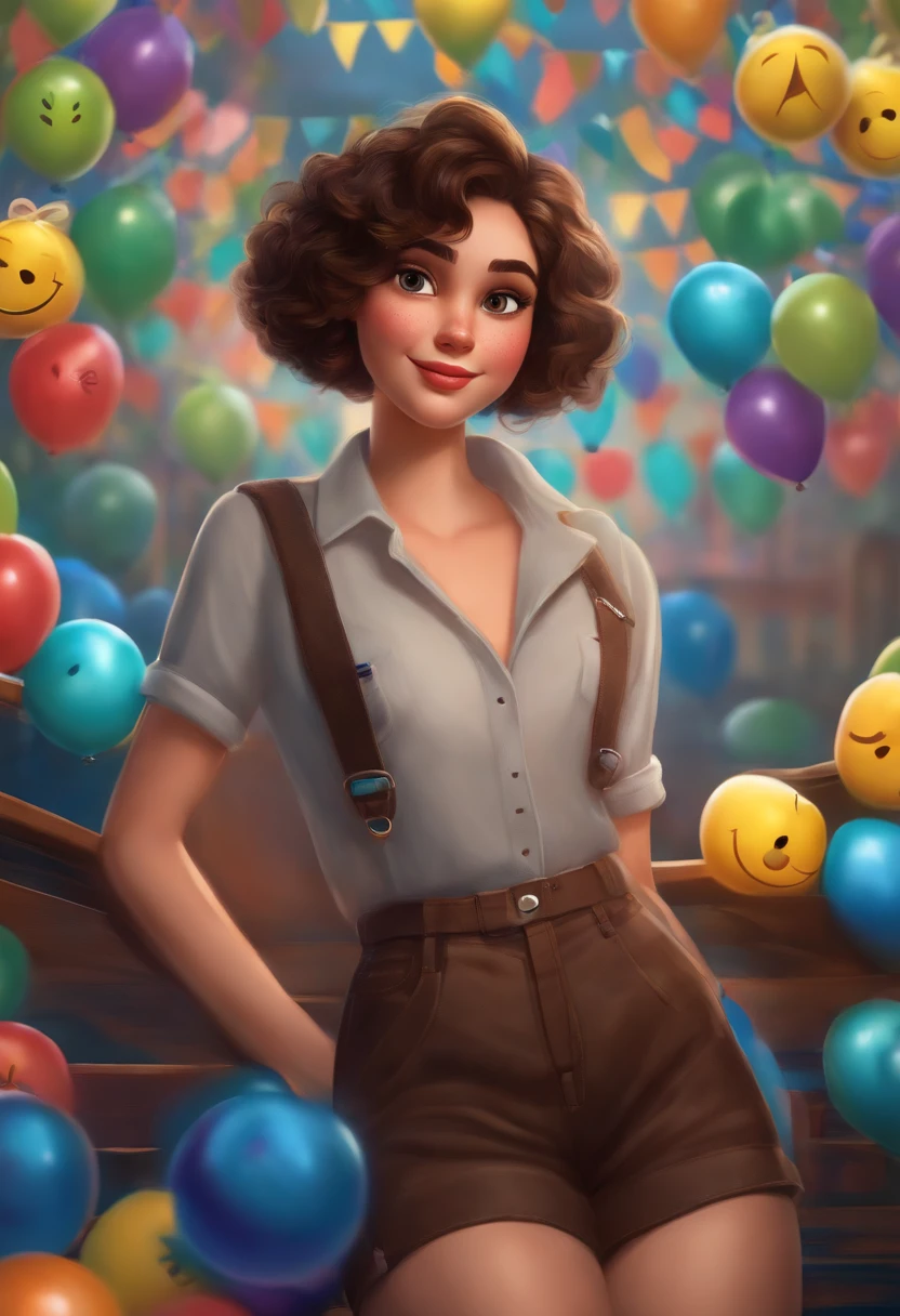 Pixar Disney girl, brunette with brown eyes and hair, short hair on the top of the curly shoulders, holding birthday balls in her left hand, wearing denim shorts and a black blouse with a drawing of an emoji blinking one of the eyes