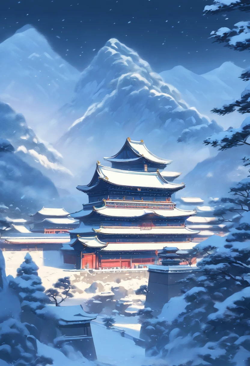 Palace Museum, Dark, Matte texture, minimal style, Snow in winter, snowfield, Leave white space, Upper and lower structure, close-up, masterpiece