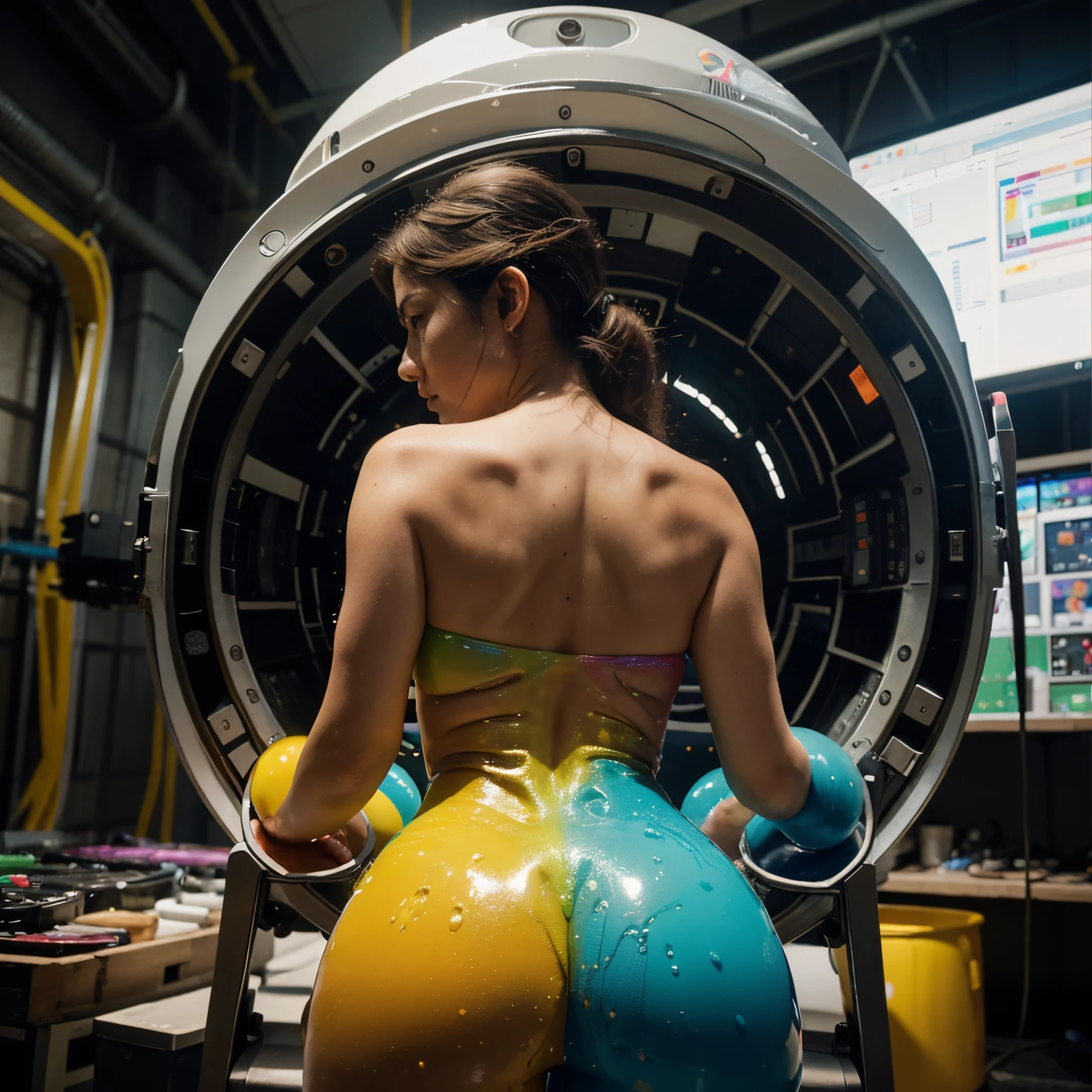 The best creative art of this century. Rainbow-colored slime-like liquid intertwines with a beautiful woman. The back of a beautiful woman connected to complicated equipment. In the background is a cutting-edge technology capsule. AI beauty cultivation program in a capsule. Shooting from random angles. Beautiful one shot. Photorealistic highest quality, masterpiece, super high resolution. Ultra-realistic details, 16K.