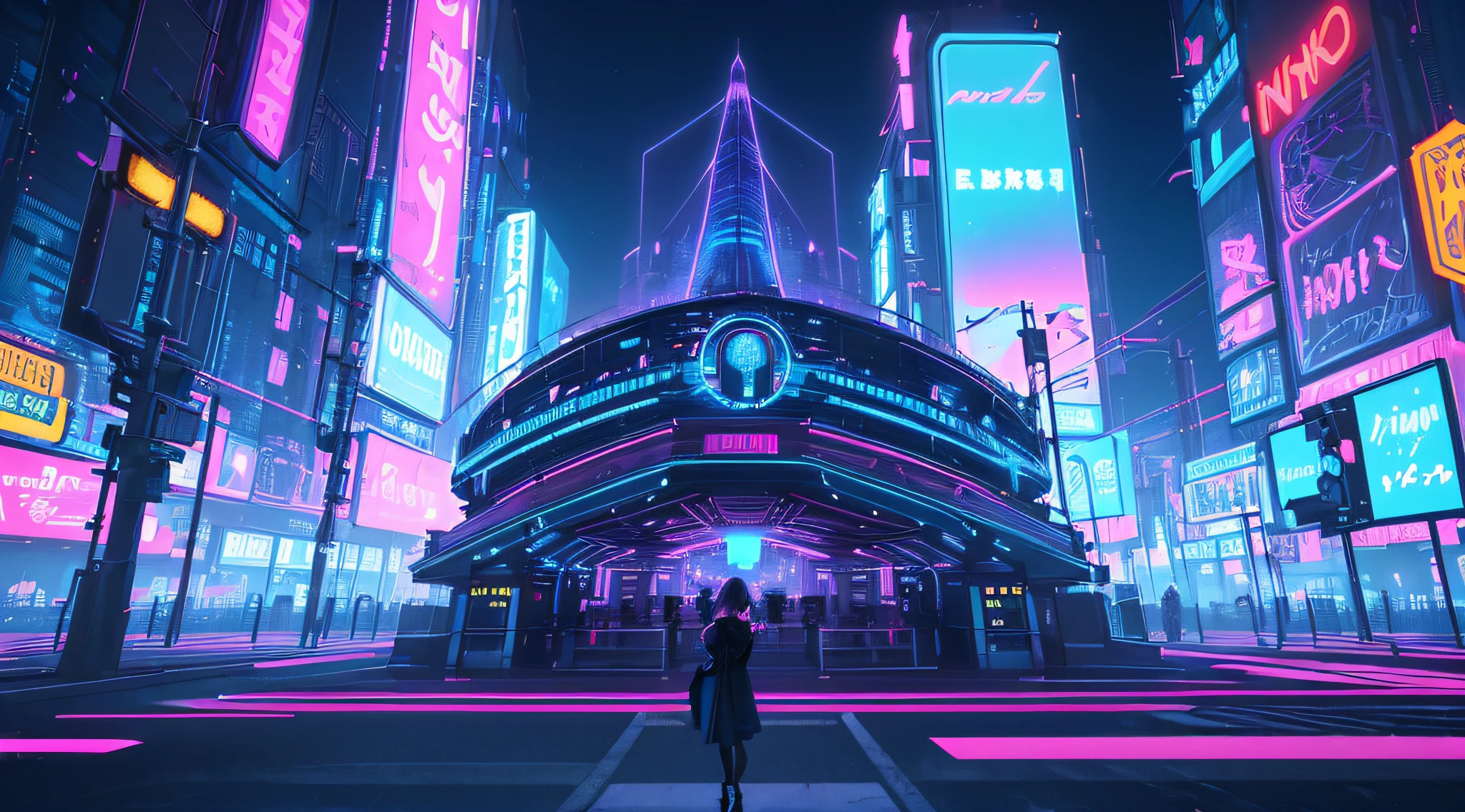 A retrowave landscape emerges from the dark blue background, creating an absurdes masterpiece. The scene is filled with vibrant neon lights, depicting a surreal cityscape with towering buildings, glowing signs, and glowing roads. The colors are vivid and reminiscent of the 80s, with shades of pink, purple, and electric blue. The lighting effects cast a caustic glow, adding depth and dimension to the scene. The attention to detail is exquisite, capturing every intricate element of the architecture and the surrounding environment. The overall image quality is of the highest caliber, with ultra-fine painting techniques and a realistic, photorealistic approach. The combination of the retrowave style and the dark blue color palette creates a mesmerizing and captivating atmosphere.