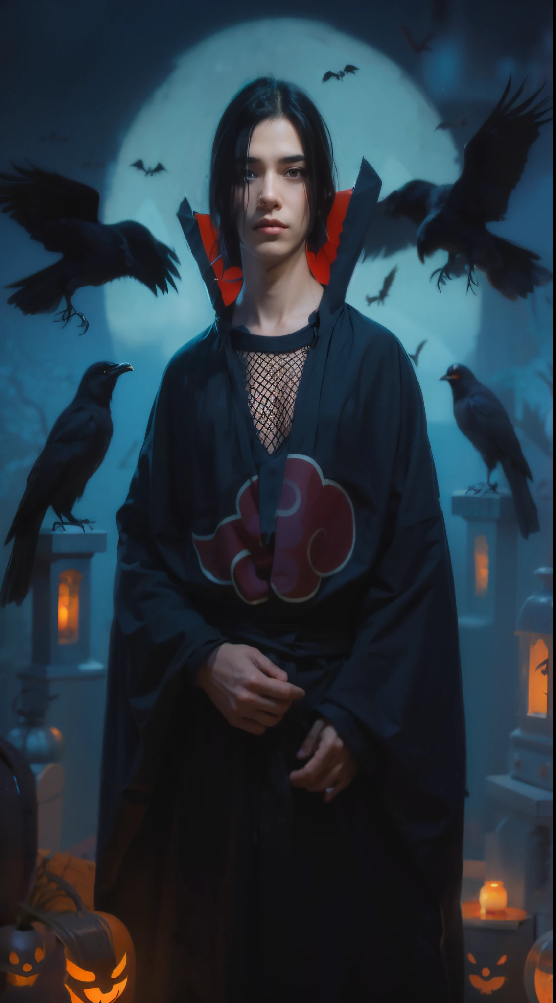A hand long hair man wearing black costume of Itachi uchiha from Naruto anime series, crow in surrounding and candle, a big moon in background
