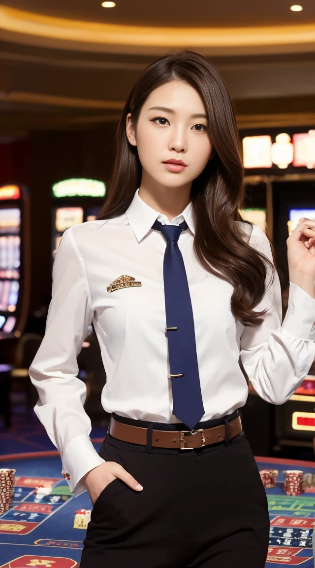 ((最高品質, 10, master-piece: 1.3)), crisp focus: 1.2, Beautiful woman with perfect style: 1.4, Slender abs: 1.2, ((dark-brown hair, small: 1.2)), (natural light, city street: 1.1), Highly detailed face and skin texture, detailed eyes, 二重まぶた (Random background,In casinos,VIP casino room, Modern Casino Console, Modern Slot Machines ) (Dressed up as a random casino employee'uniform s.,Sexy)