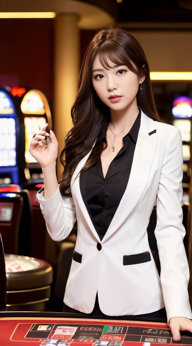((最高品質, 10, master-piece: 1.3)), crisp focus: 1.2, Beautiful woman with perfect style: 1.4, Slender abs: 1.2, ((dark-brown hair, small: 1.2)), (natural light, city street: 1.1), Highly detailed face and skin texture, detailed eyes, 二重まぶた (Random background,In casinos,VIP casino room, Modern Casino Console, Modern Slot Machines ) (Dressed up as a random casino employee'uniform s.,Sexy)