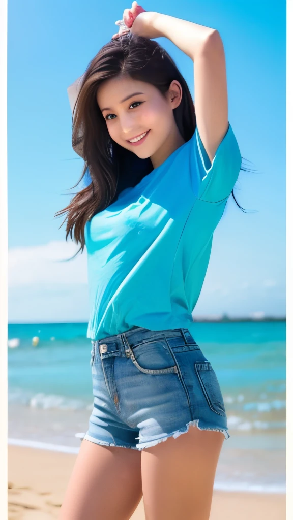 age19、kawaii、Arm forward pose、Light blue T-shirt、short pants、semi long hair、Bright sandy beach。