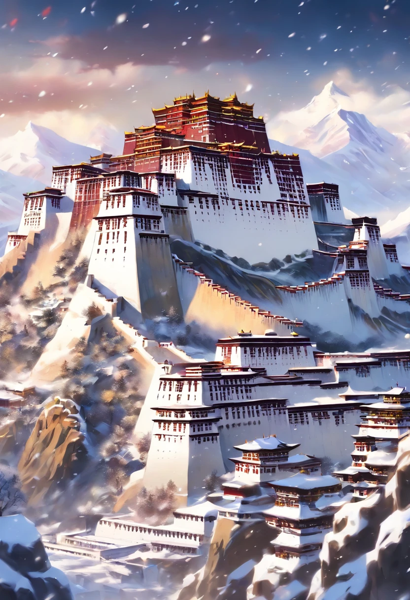Potala Palace, Dark, Matte texture, Snow in winter, snowfield, Leave white space, Upper and lower structure, close-up, masterpiece