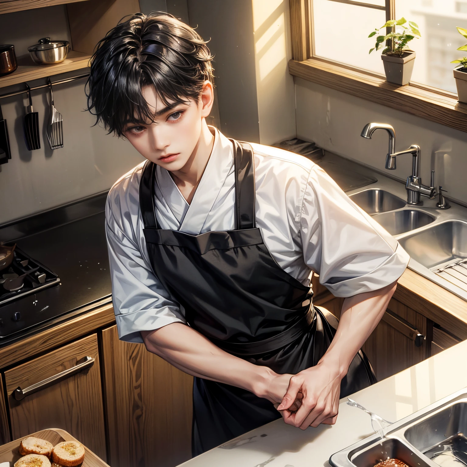 hight resolution, One Boy, Beautiful black hair short hair, With bangs, apron for boys, Shota:1.8, Japanese-style kitchen, I look embarrassed.