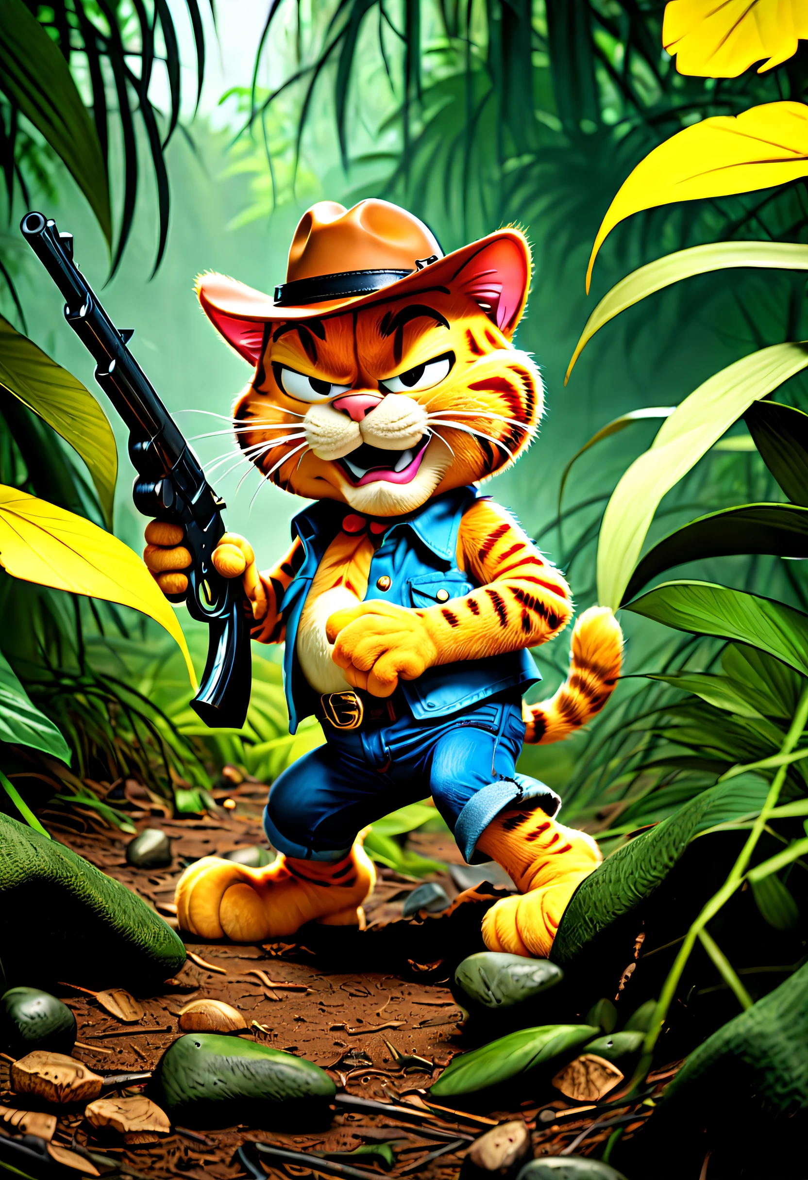 Cowboy Garfield hunts violently in the jungle,