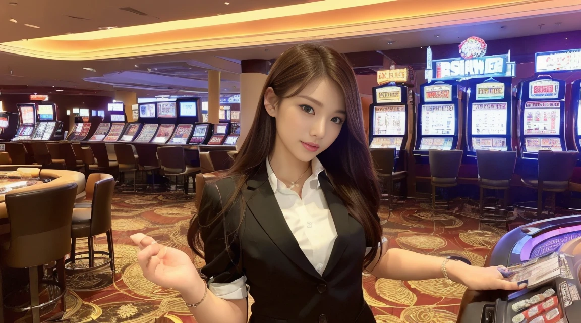 1garota,mulher,Asiatic,corpo altamente detalhado, rosto altamente detalhado, Casino, corpo inteiro, blazer Black, jogando, apostando, solo, Casino Las Vegas, corpo perfeito,