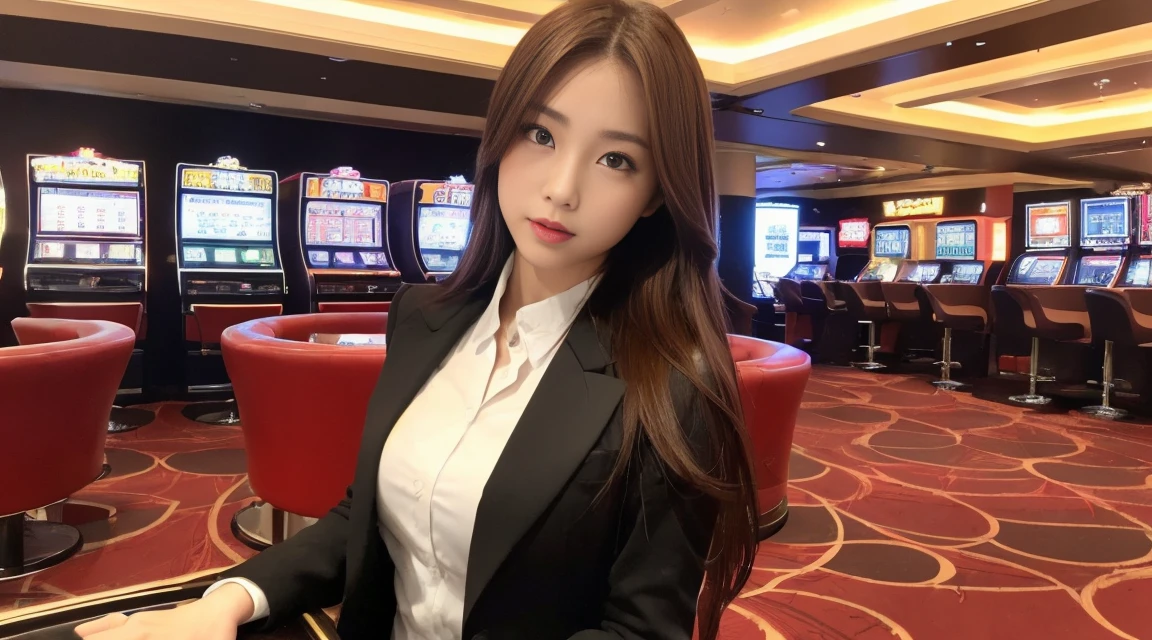 ((最高品質, 10, master-piece: 1.3)), crisp focus: 1.2, Beautiful woman with perfect style: 1.4, Slender abs: 1.2, ((dark-brown hair, small: 1.2)), (natural light, city street: 1.1), Highly detailed face and skin texture, detailed eyes, 二重まぶた (Random background,In casinos,VIP casino room, Modern Casino Console, Modern Slot Machines ) (Dressed up as a random casino employee'uniform s.,Sexy)