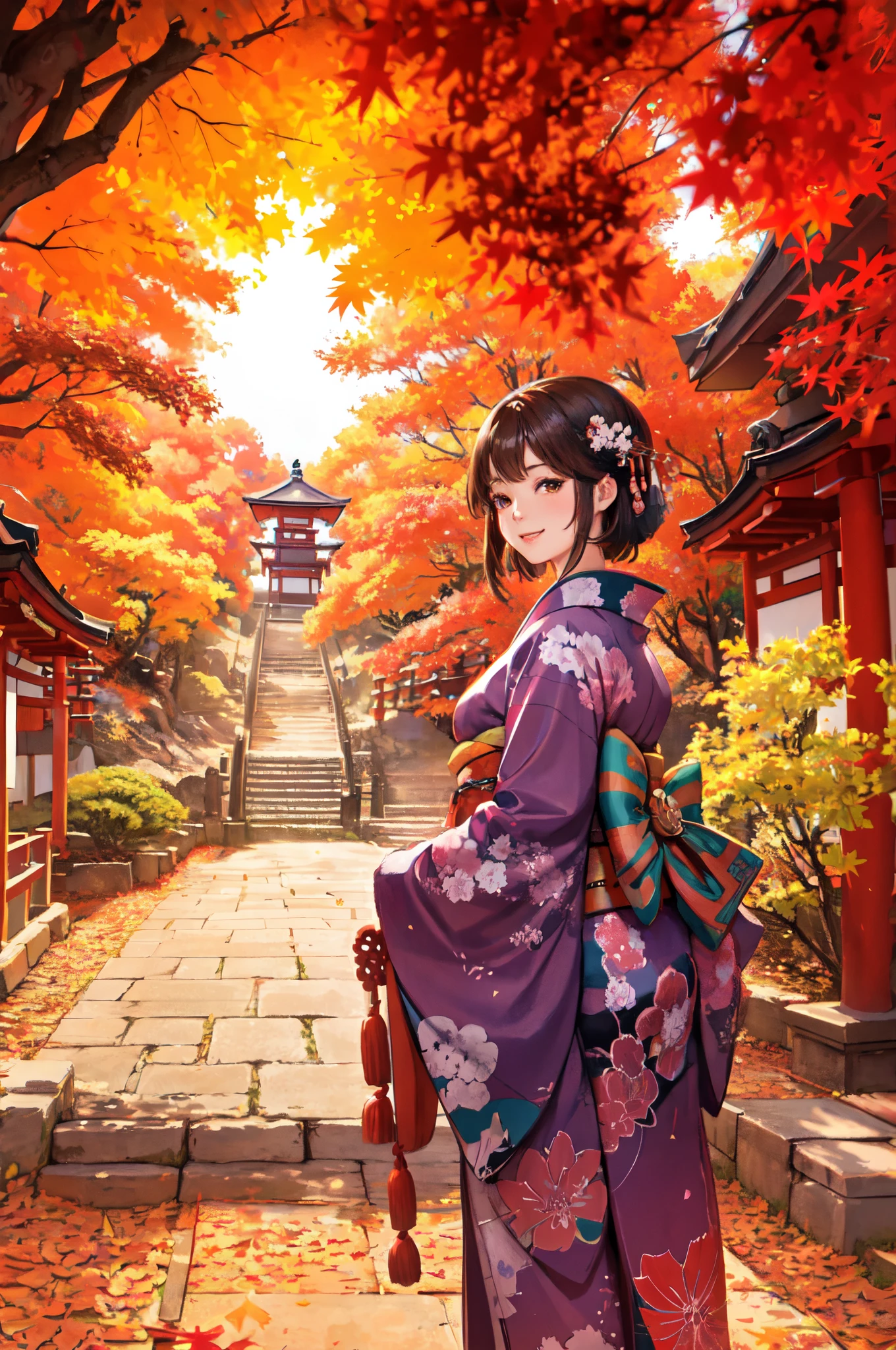 1lady standing, /(colorful kimono/), mature female, /(brown hair/) bangs, light smile, (masterpiece best quality:1.2) delicate illustration ultra-detailed, large breasts BREAK /(Japanese shrine in Kyoto/), /(trees autumn foliage/), /(bricks road/)