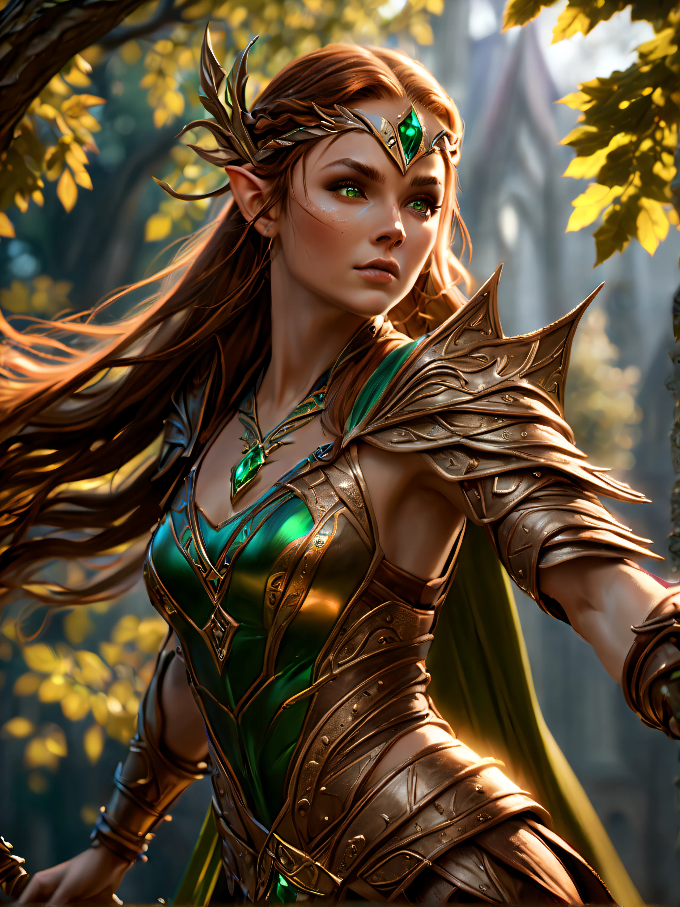 Female Elf Archer, Longbow, Arrow, alluring elf princess knight, elf girl, elf princess knight, heroes of might and magic, mephala, tree, forest background, fantasy, asian girl, bueatyfull, armour, brown hair. Realitis