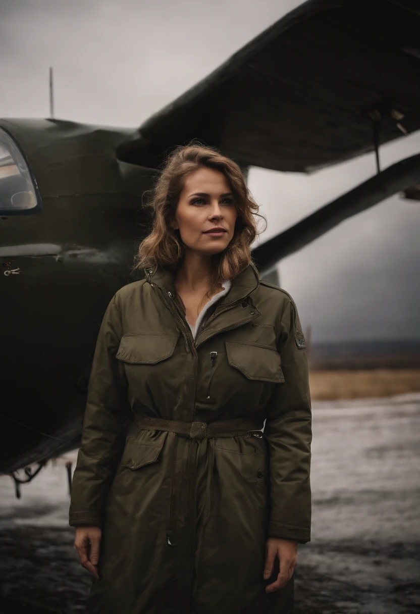 ((high definition)), ((full body)) press photography, ((aviator))((wearing open raincoat and lingerie)), ((Lockheed Vega 5B in the arctic)), ((enchanting)), ((big butt, huge boobs)), ((looking away from the camera)), Detailed, Detailed pretty face, Sharp Focus, (Detailed and intricate), 4k, Leica 35mm F2.8, Fuji Superia Reala 100