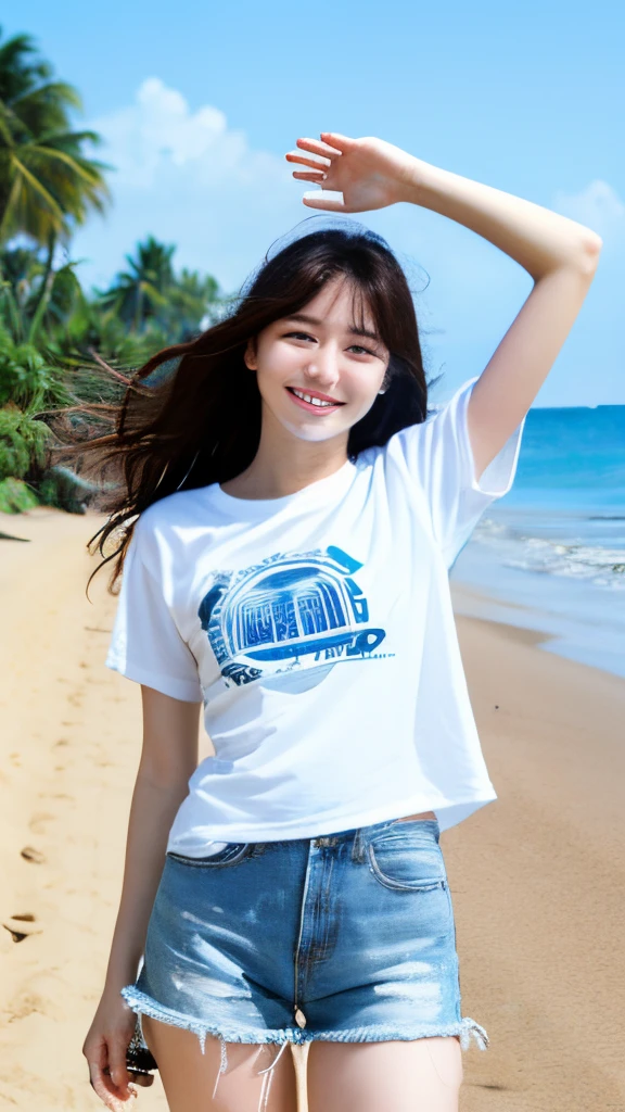 age19、kawaii、Arm forward pose、Light blue T-shirt、White hot pants、semi long hair、Ride along the sandy beach。