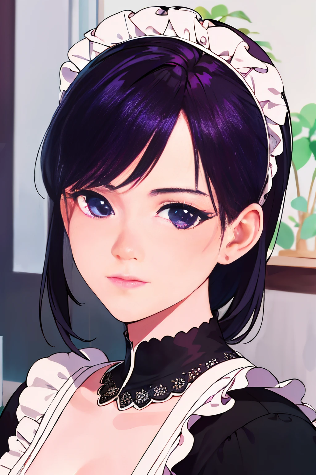 (best quality,4k,8k,highres,masterpiece:1.2),ultra-detailed,(realistic,photorealistic,photo-realistic:1.37), female, black maid clothes, iridescent purple hair, intricate, colorful, Game Illustration, lora:OilPaint:0.7