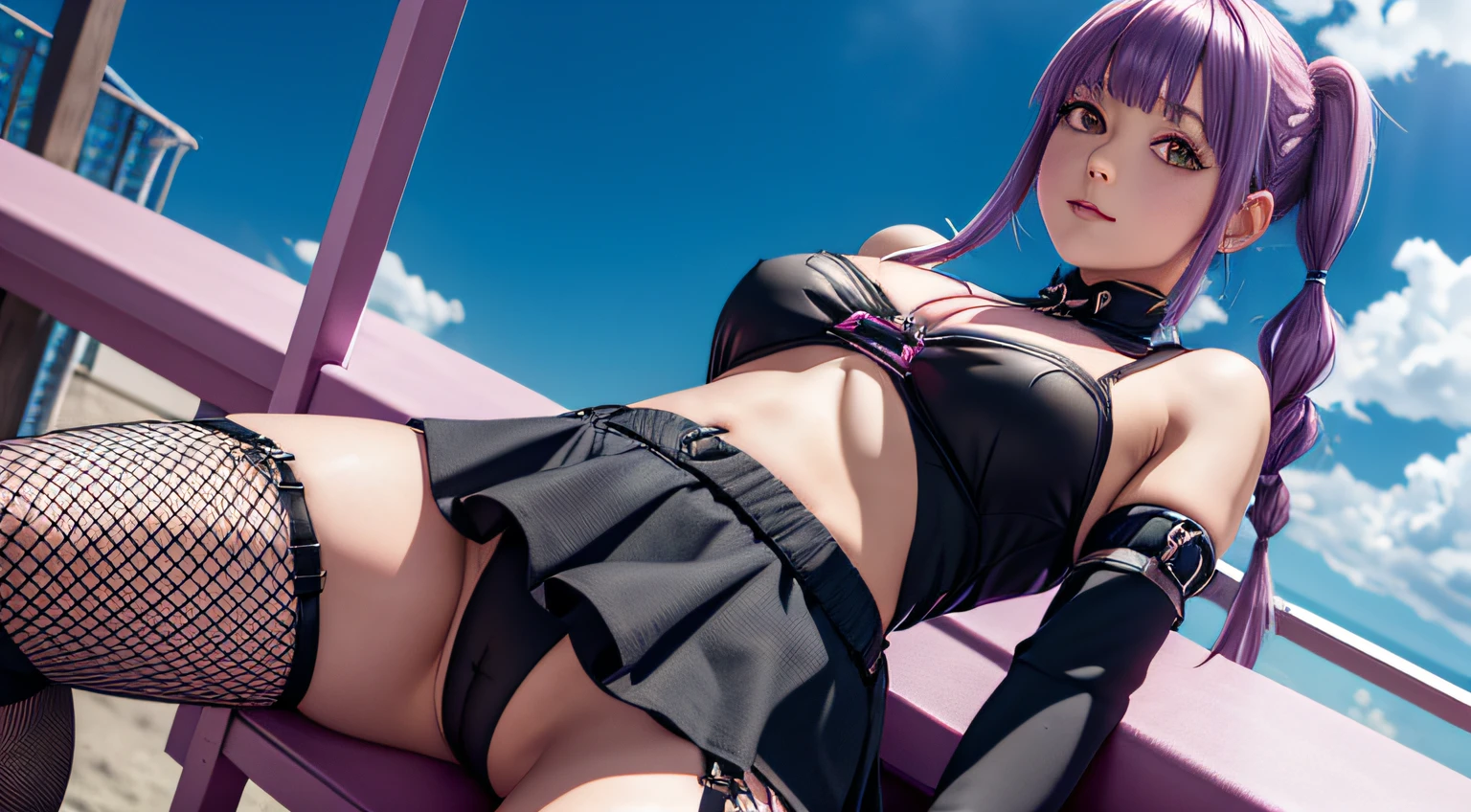 Upskirt-Ansicht, pretty magical girl, Sehr kurzer Rock, Stringtanga, fishnet stockings, pigtails, lila haare, hellblaue Augen, 8k resolution, High quality, Engelslegion, Anime-Spielstil