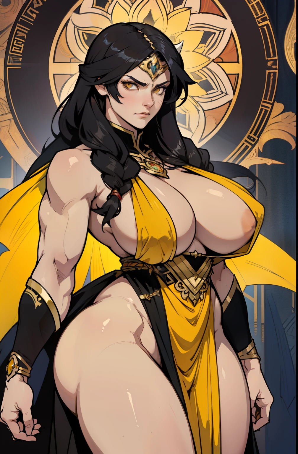 ((1 girl)) angry very long hair pale skin black hair yellow eyes ((muscular)) (huge breasts) by alfons mucha