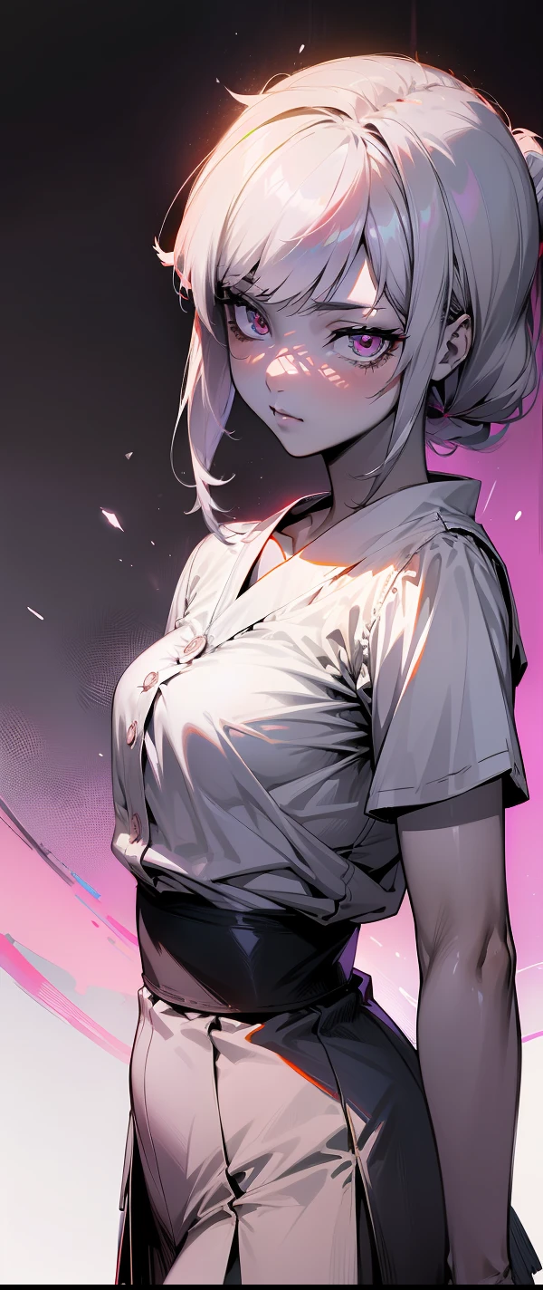 (Japanese anime, Esbelto, brillante, Luz y sombra, sombra, Estilo tsundere), La mejor calidad de imagen, Peinado plateado, ojos rojos, Camisa blanca, Monochrome background, enojada,